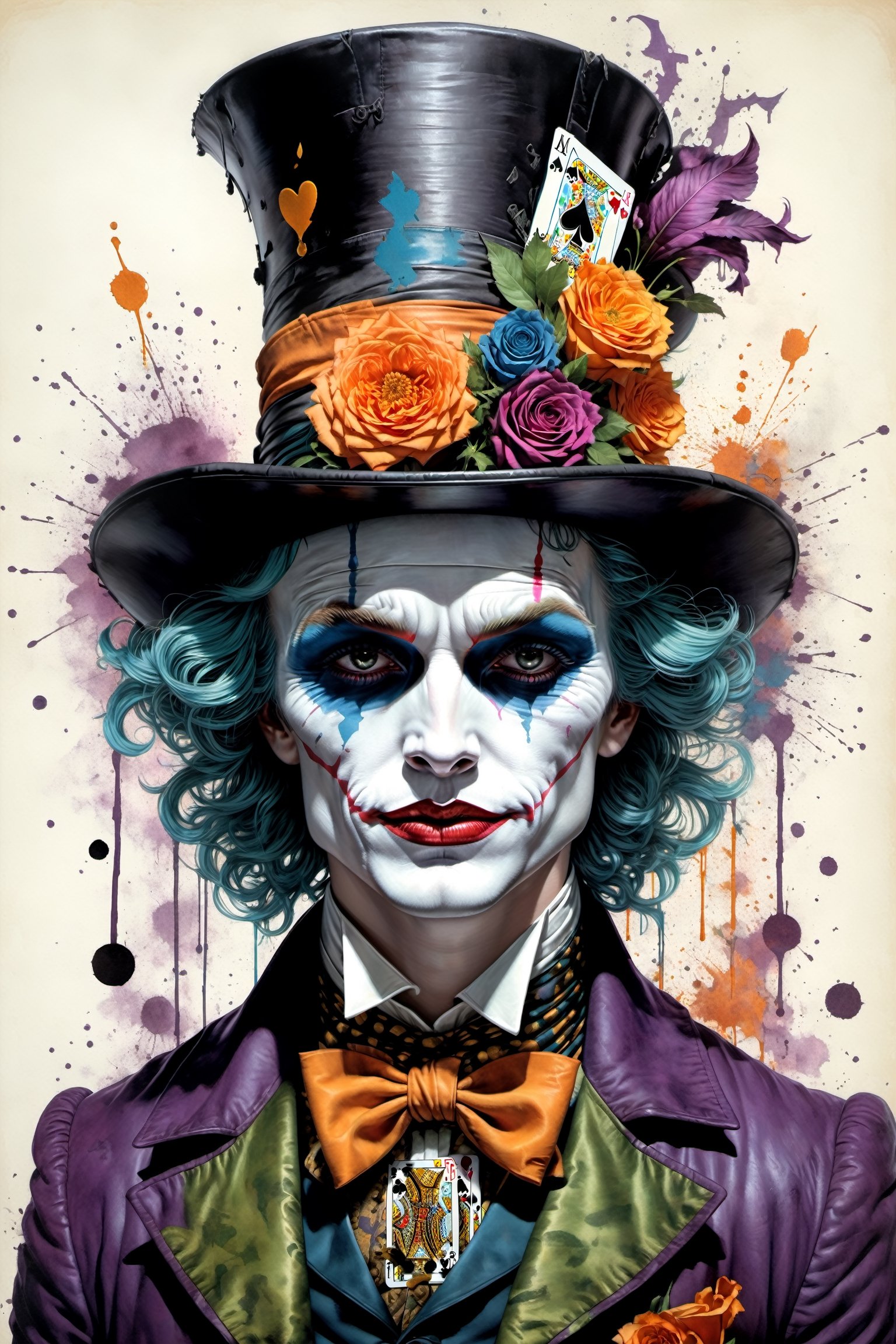 "Heath Leadger Joker as the Mad Hatter" the spade magician, highly detailed, half-skull for a face, rabbit jumping out of the top of the hat, (clockwork orange), smudged face-makeup, sad, diobolical, menacing, smudged maskara, scars, battle damaged, cinematic, 8k, style by stanley artgermm, tom bagshaw, carne griffiths, hyper detailed, full of colour,playing cards, flowersupper body