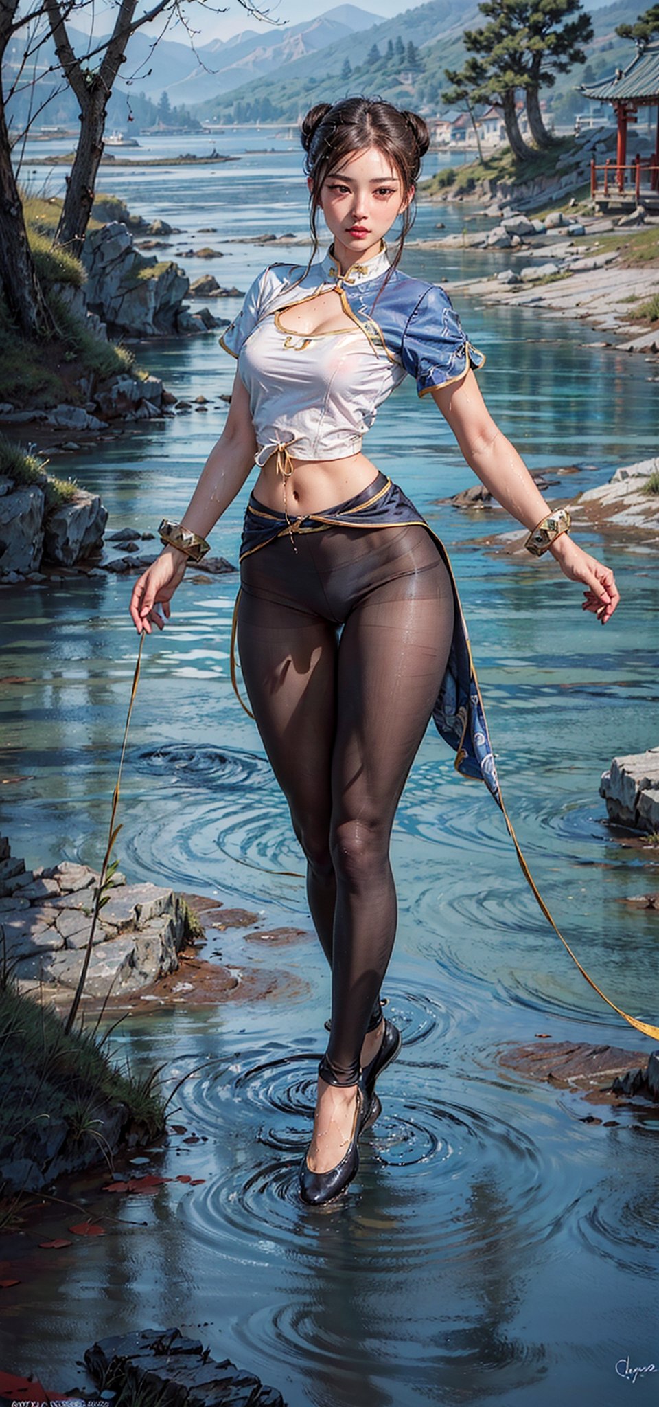 (8k, RAW photo, photorealistic:1.25), 1girl, (large breasts), half-naked, dynamic action pose, wet, wearing her signature outfit (a blue qipao, an early-20th-century Chinese dress, with golden accents, puffy sleeves, and a tight white waistband, bracelets with long spikes on both of her wrists), ((sheer crotchless black ripped pantyhose)), japanese dominatrix school girl outfit Sailor Moon inspired ((full body:1.5), (highly detailed skin:1.2), accentuated breasts, large pelvic, wide hip, narrow waist, curvy waist, ((slim, skinny waist:1.4)), seductress, tempting, pink nipples, pink pussy out, tibetan temple swamp lake with coy fish background, dynamic pose, well sunlit, ((looking at viewer)), ox horns tied bun style brown hair, Godpussy2, chunlims