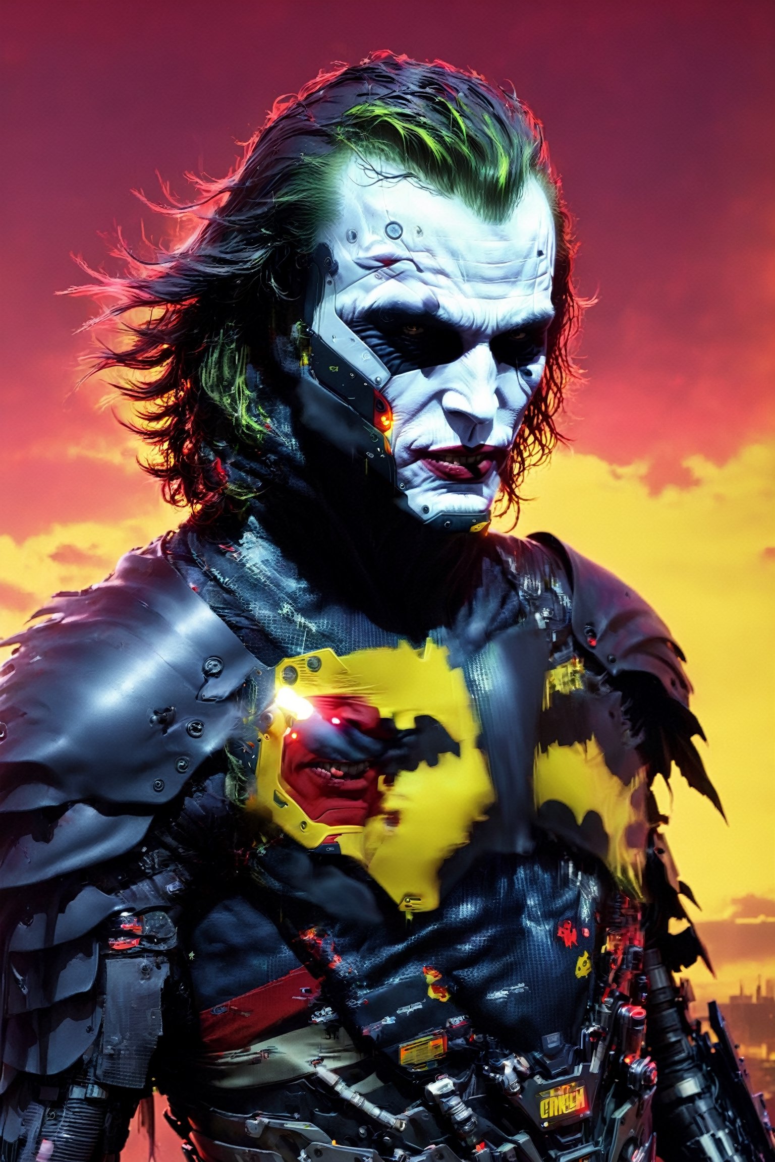 (Heath Ledger Joker) cyborg assassin wearing The Crow/batman inspired armor no logo on chest, long hair, danger, red-yellow sky, post apocalyptic art, neon horror, sci-fi, glitchcore, cgsociety, modern european ink painting, androgynous, mixed media, dystopian art, black and Neon cosmic art, analog horror, nightmare fuel, space punk, glitchcore, hauntingly beautiful, beautifully ominous. A world class male cyborg in stunning HD, world class art, unique, modern masterpiece, exceptional, exquisite, dark fantasy, apocalypse art, calotype