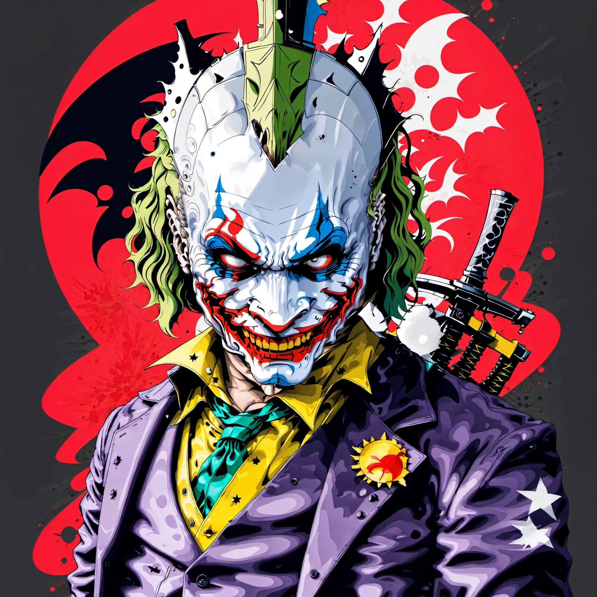 Heath Ledgers Joker character from the Dark Knight trillogy, movie poster, dynamic pose, japanese flag, dynomite, explosions, knives, magician, wonder, cyberpunk style anime characters, sexy samurai lady, skull mask, AK-47 quote "Why So Serious!?!"