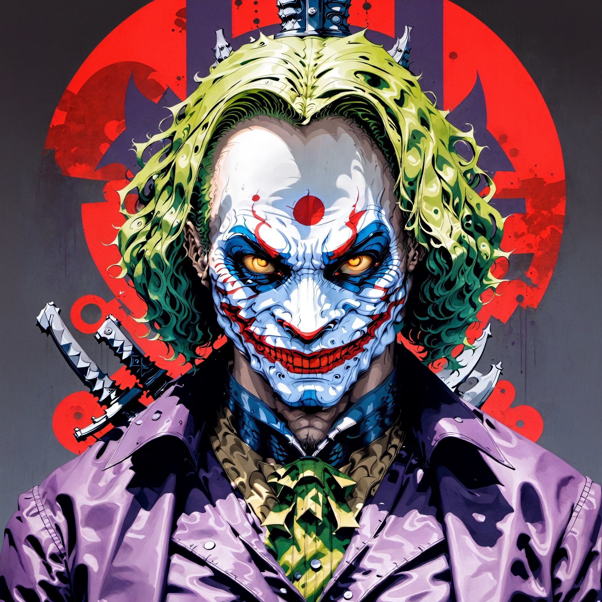 Heath Ledgers Joker character from the Dark Knight trillogy, movie poster, dynamic pose, dynomite, exposions, knives, magician, wonder, cyberpunk style anime characters and , sexy samurai lady, skull mask
