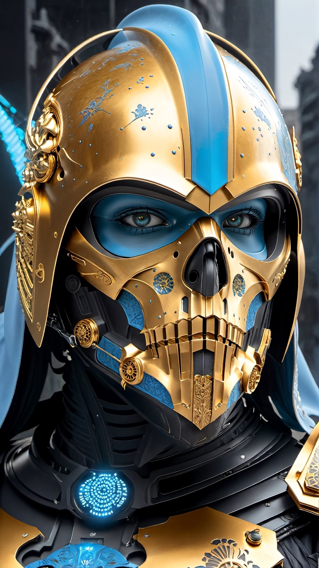 Grim Reaper skull face with Storm Trooper hi-tech sci-fi body armor in a gold & sky blue & black colors armed with a scythe type weapon, wearing a (gold skull-inspired helmet), long ripped and damaged cape with a low hood covering face, mask. His physique is muscular and imposing, radiating an aura of power, isolated white hi-tech armor, dynamic pose,ultra detailed artistic photography, midnight aura, night sky, dreamy, glowing, backlit, glamour, glimmer, shadows, oil on canvas, brush strokes, smooth, ultra high definition, 8k, unreal engine 5, ultra sharp focus, art by alberto seveso, artgerm, loish, sf, intricate artwork masterpiece, ominous, matte painting movie poster, golden ratio, trending on cgsociety, intricate, epic, trending on artstation, by artgerm, h. r. giger and beksinski, highly detailed, vibrant, production cinematic character render, ultra high quality model