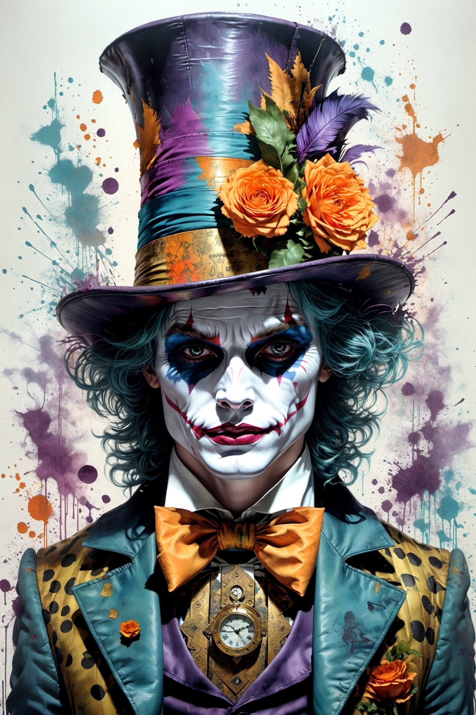 "Heath Leadger Joker as the Mad Hatter" the spade magician, highly detailed, half-skull for a face, rabbit jumping out of the top of the hat, (clockwork orange) makeup, smudged face-makeup, sad, diobolical, menacing, smudged maskara, scars, battle damaged, cinematic, 8k, style by stanley artgermm, tom bagshaw, carne griffiths, hyper detailed, full of colour,playing cards, flowersupper body