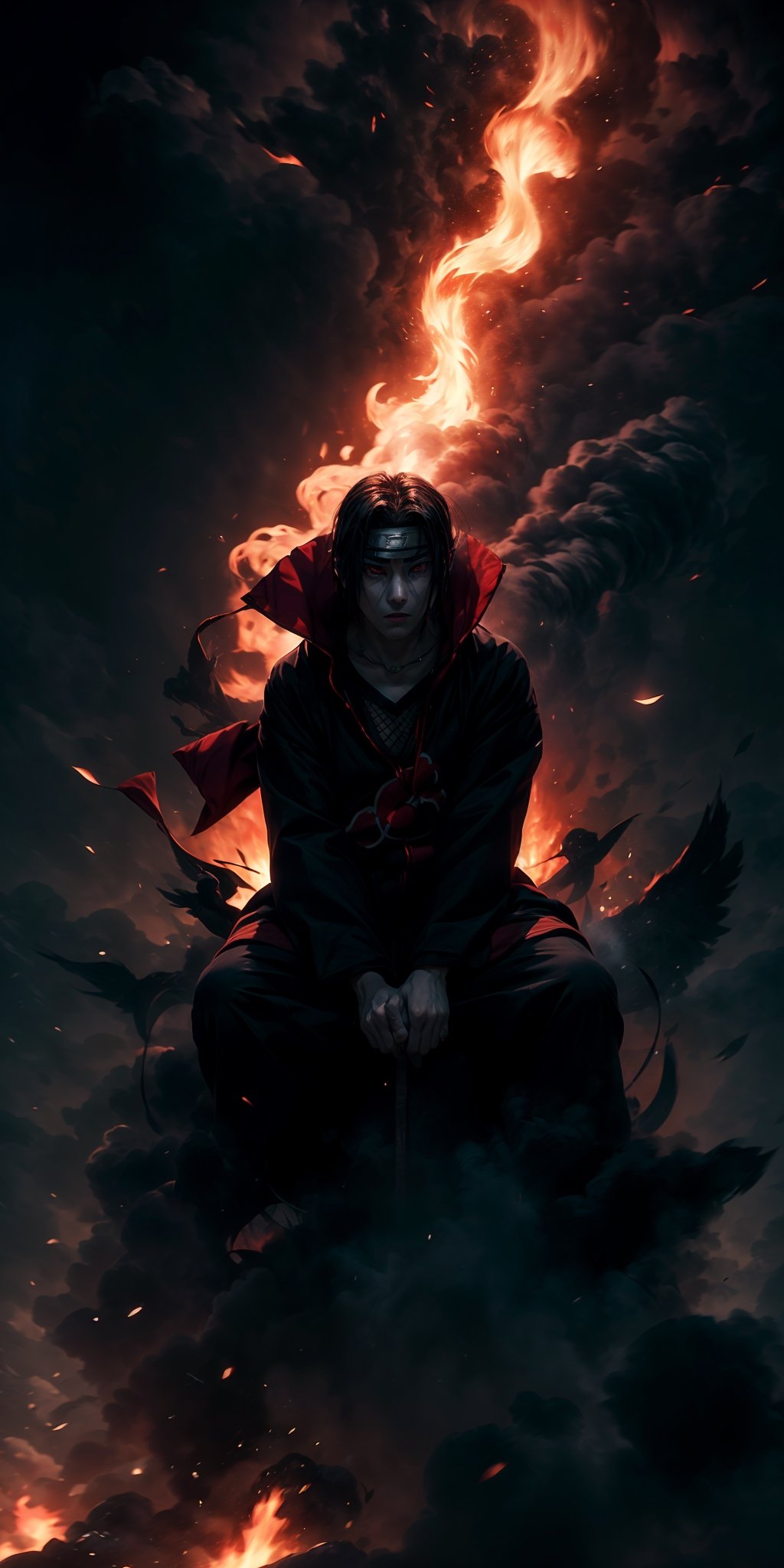 Visualize the legendary Itachi Uchiha, a prominent character from the Naruto anime. full body, muscular physique, reflecting his formidable strength.

Itachi Uchiha is clad in his signature ninja attire. His defining ability is his mastery over fire, black flames, showcasing his power to manipulate fire at will. Set to backdrop of black crows flying in distance and sitting on his shoulder

Set him against a background of raging fire, with black flames dancing in the backdrop, creating an inferno-like atmosphere. The flames should emphasize his fiery abilities and his unwavering resolve.

Capture this image to pay homage to Itachi Uchiha's character, showcasing his powerful presence and his association with the element of blackfire, a central theme in his story arc within the Naruto series." ((Perfect face)), ((perfect hands)), ((perfect body)), [perfect image of Itachi Uchiha (Naruto anime character)]