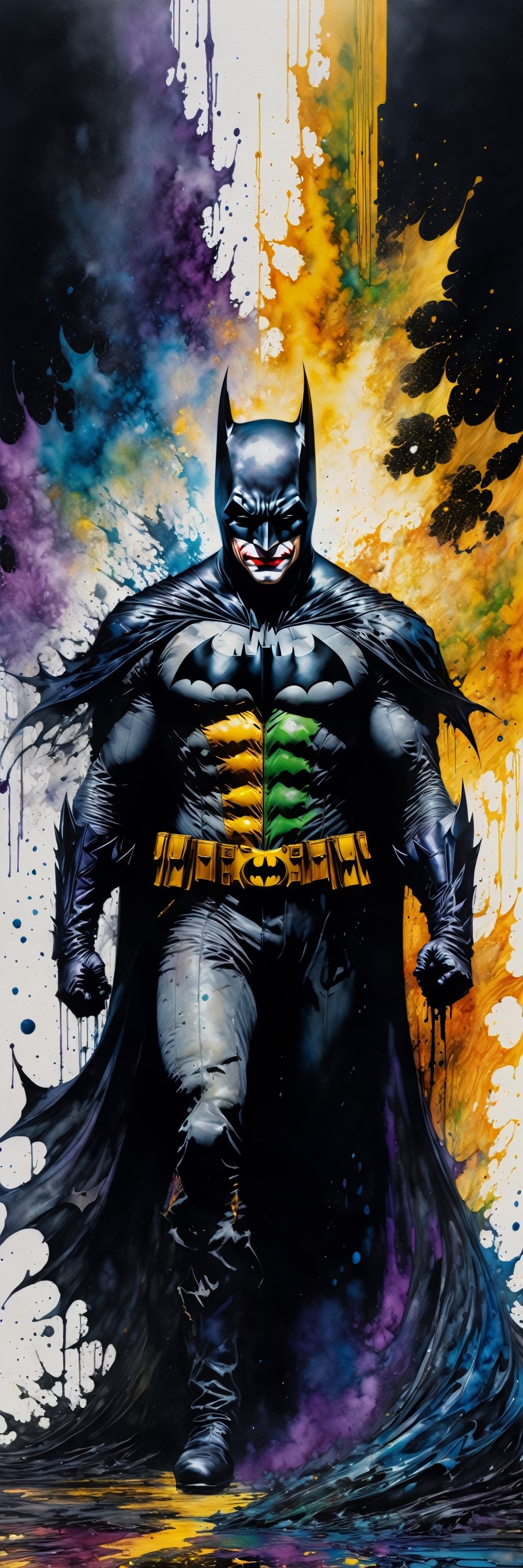 Ultra-Wide angle shot, photorealistic of gothic medieval of thrilling fusion blend between (Heath Ledgers Joker) and (Batman), resulting in a new character that embodies elements of all, people, seeBlack ink flow: 8k resolution photorealistic masterpiece: by Aaron Horkey and Jeremy Mann: intricately detailed fluid gouache painting: by Jean Baptiste Mongue: calligraphy: acrylic: colorful watercolor art, cinematic lighting, maximalist photoillustration: by marton bobzert: 8k resolution concept art intricately detailed, complex, elegant, expansive, fantastical, psychedelic realism, dripping paint, DonML1quidG0ldXL 