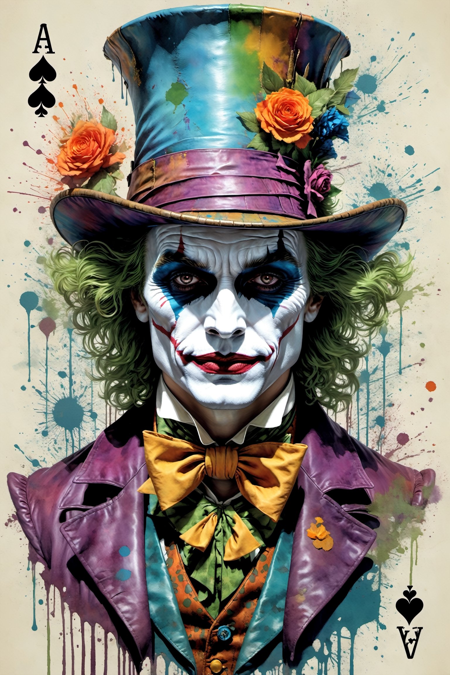 "Heath Leadger Joker as the Mad Hatter" the spade magician, highly detailed, half-skull for a face, smudged joker makeup, sad, diobolical, menacing, smudged maskara, scars, battle damaged, cinematic, 8k, style by stanley artgermm, tom bagshaw, carne griffiths, hyper detailed, full of colour,playing cards, flowersupper body
