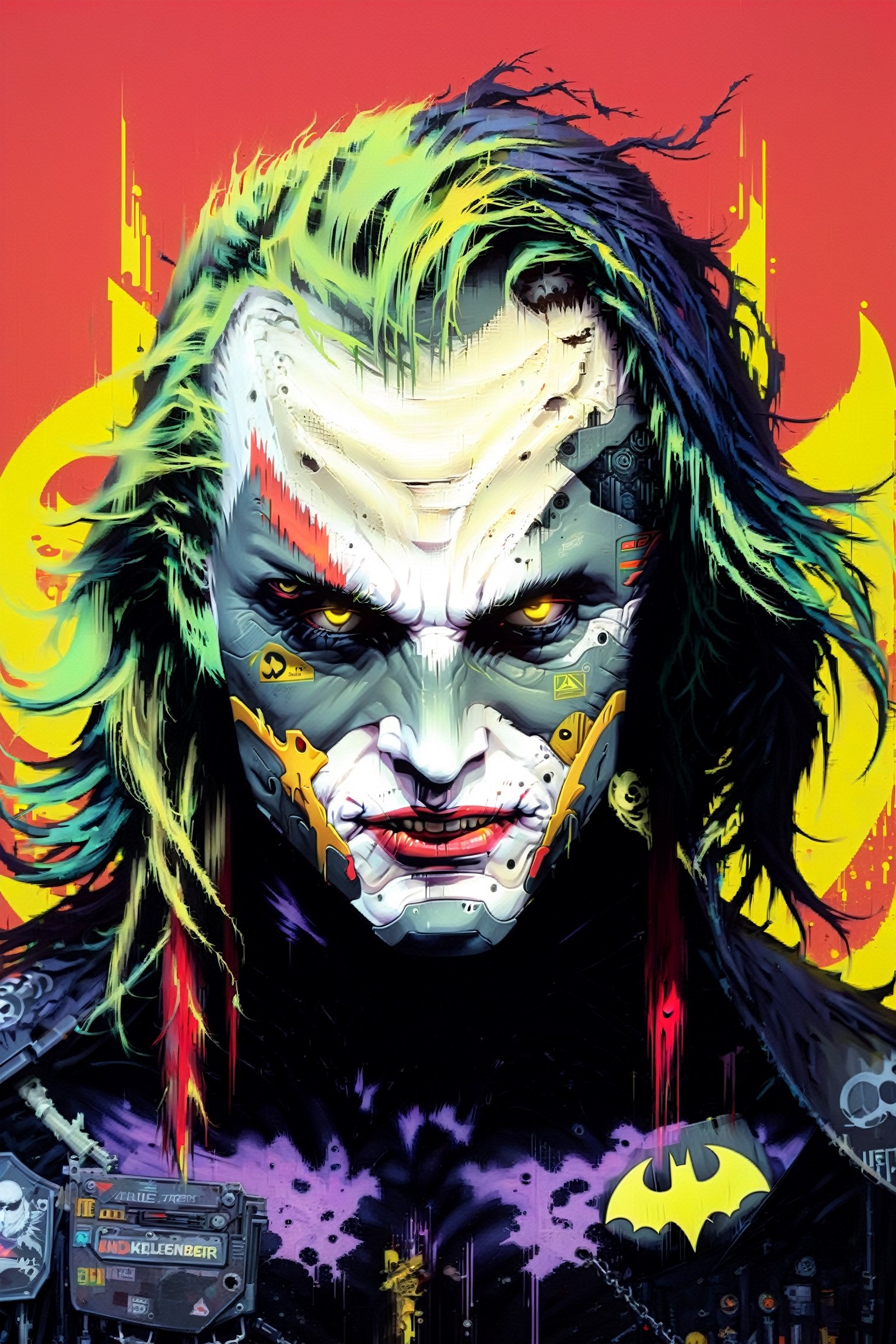 (Heath Ledger Joker) cyborg assassin wearing The Crow/batman inspired armor no logo on chest, long hair, danger, red-yellow sky, post apocalyptic art, neon horror, sci-fi, glitchcore, cgsociety, modern european ink painting, androgynous, mixed media, dystopian art, black and Neon cosmic art, analog horror, nightmare fuel, space punk, glitchcore, hauntingly beautiful, beautifully ominous. A world class male cyborg in stunning HD, world class art, unique, modern masterpiece, exceptional, exquisite, dark fantasy, apocalypse art, calotype, dripping paint