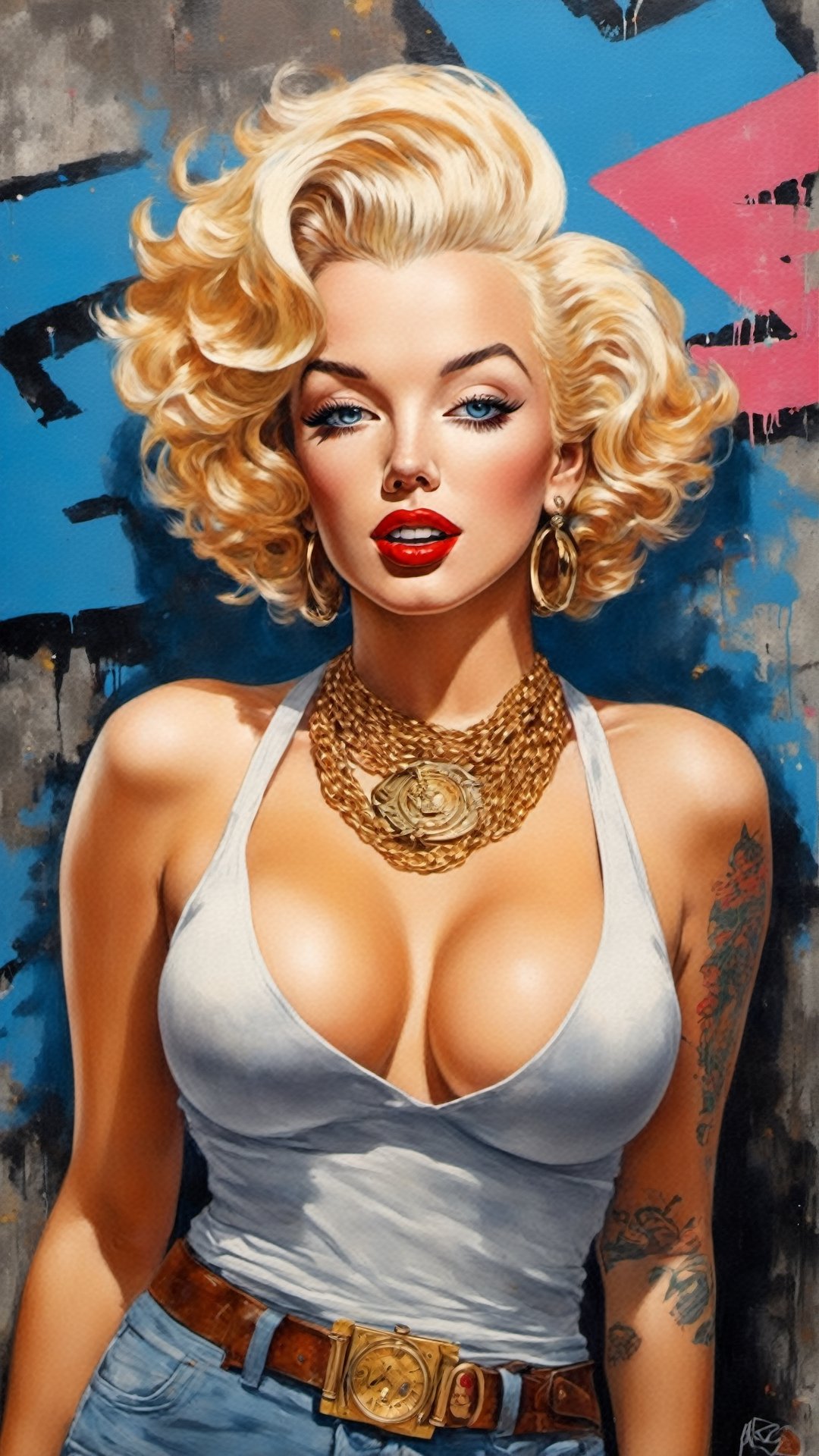 full body wide shot of Marilyn Monroe holding a smoking handgun Ak-47 assult rifle with long ginger wavy hair standing in front of a wall covered with artful graffiti, skin & body covered in Yakuza’s Irezumi 刺青 tattoos on all over her body, tattoo sleeves, detailed blue eyes, wearing modern gangsta rap fashion type clothing with lots of gold, black gang bandana, gold teeth, gold rings, big gold bracelet, big gold & diamond necklace chain, sexy girl, on the old school cadillac hood, big_breasts, accentuated breasts, large pelvic, nice smooth abs, wide hip, narrow waist, curvy waist, ((slim, skinny waist:1.4)), seductress, playful, tempting, smug face, ((wide hips)), ((huge pelvic), one of the most popular sex symbols of the 1950s and early 1960s, as well as an emblem of the era's sexual revolution, fall vibes, blushed, looking at the camera, colorful scene shot, professional photography, ultra sharp focus, (masterpiece, best quality:1.1), 8K, Ultra-HD, ultra-best quality, (masterpiece: 1.2), ultra-detailed, best shadow, detailed hand, hyper-realistic, (detailed background), EnvyBeautyMix23, perfecteyes,HZ Steampunk,dripping paint,6000,Movie Still, mecha,aw0k