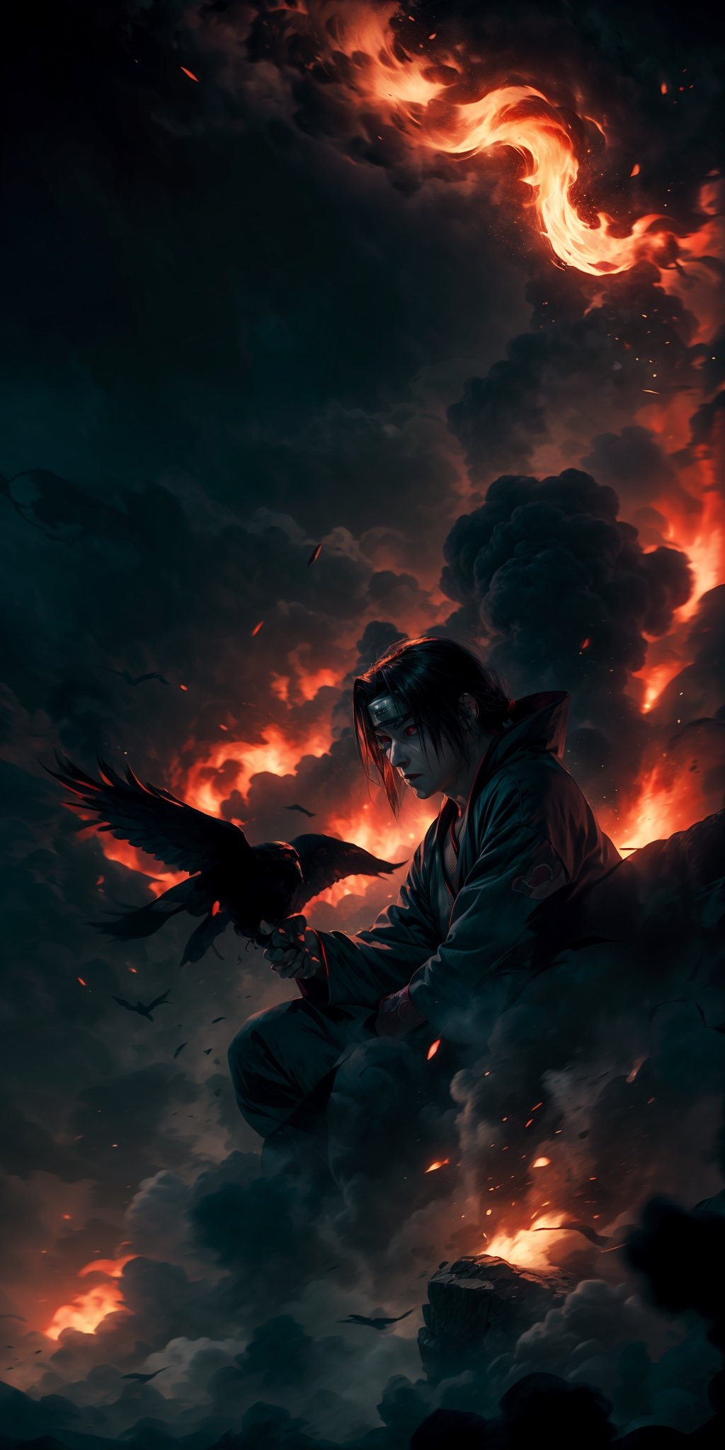 Visualize the legendary Itachi Uchiha, a prominent character from the Naruto anime. full body, muscular physique, reflecting his formidable strength.

Itachi Uchiha is clad in his signature ninja attire. His defining ability is his mastery over fire, black flames, showcasing his power to manipulate fire at will. Set to backdrop of black crows flying in distance and sitting on his shoulder

Set him against a background of raging fire, with black flames dancing in the backdrop, creating an inferno-like atmosphere. The flames should emphasize his fiery abilities and his unwavering resolve.

Capture this image to pay homage to Itachi Uchiha's character, showcasing his powerful presence and his association with the element of blackfire, a central theme in his story arc within the Naruto series." ((Perfect face)), ((perfect hands)), ((perfect body)), [perfect image of Itachi Uchiha (Naruto anime character)]