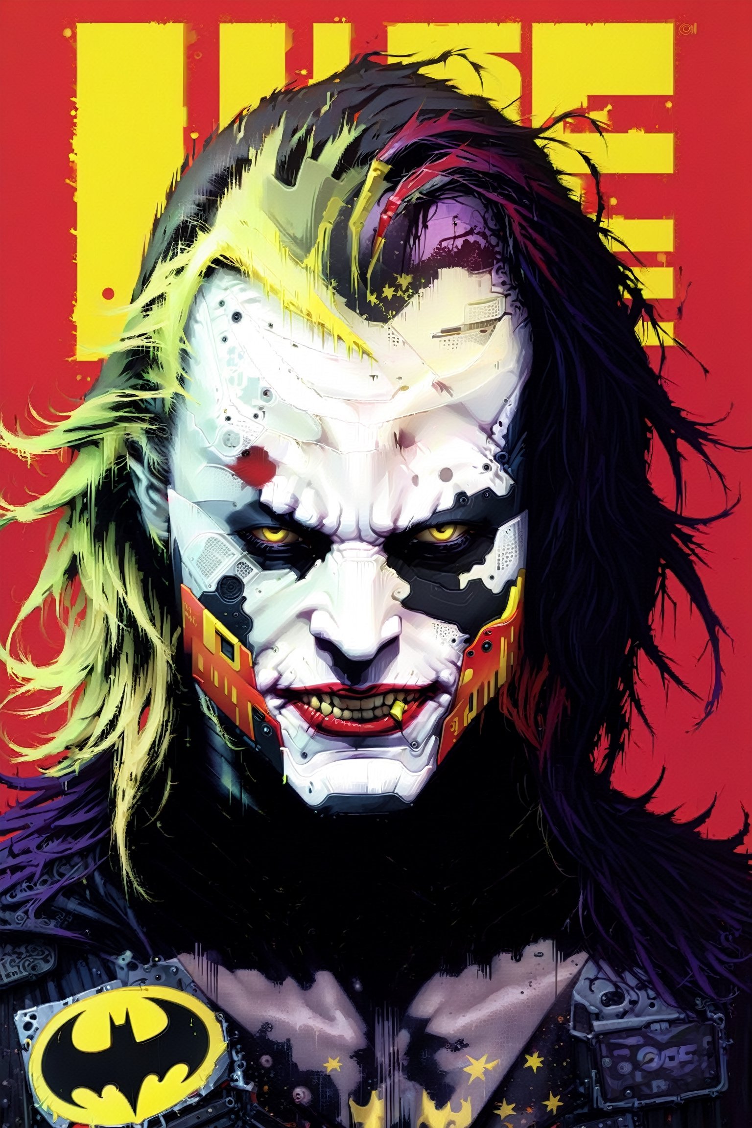 (Heath Ledger Joker) cyborg assassin wearing The Crow/batman inspired armor no logo on chest, long hair, danger, red-yellow sky, post apocalyptic art, neon horror, sci-fi, glitchcore, cgsociety, modern european ink painting, androgynous, mixed media, dystopian art, black and Neon cosmic art, analog horror, nightmare fuel, space punk, glitchcore, hauntingly beautiful, beautifully ominous. A world class male cyborg in stunning HD, world class art, unique, modern masterpiece, exceptional, exquisite, dark fantasy, apocalypse art, calotype, dripping paint