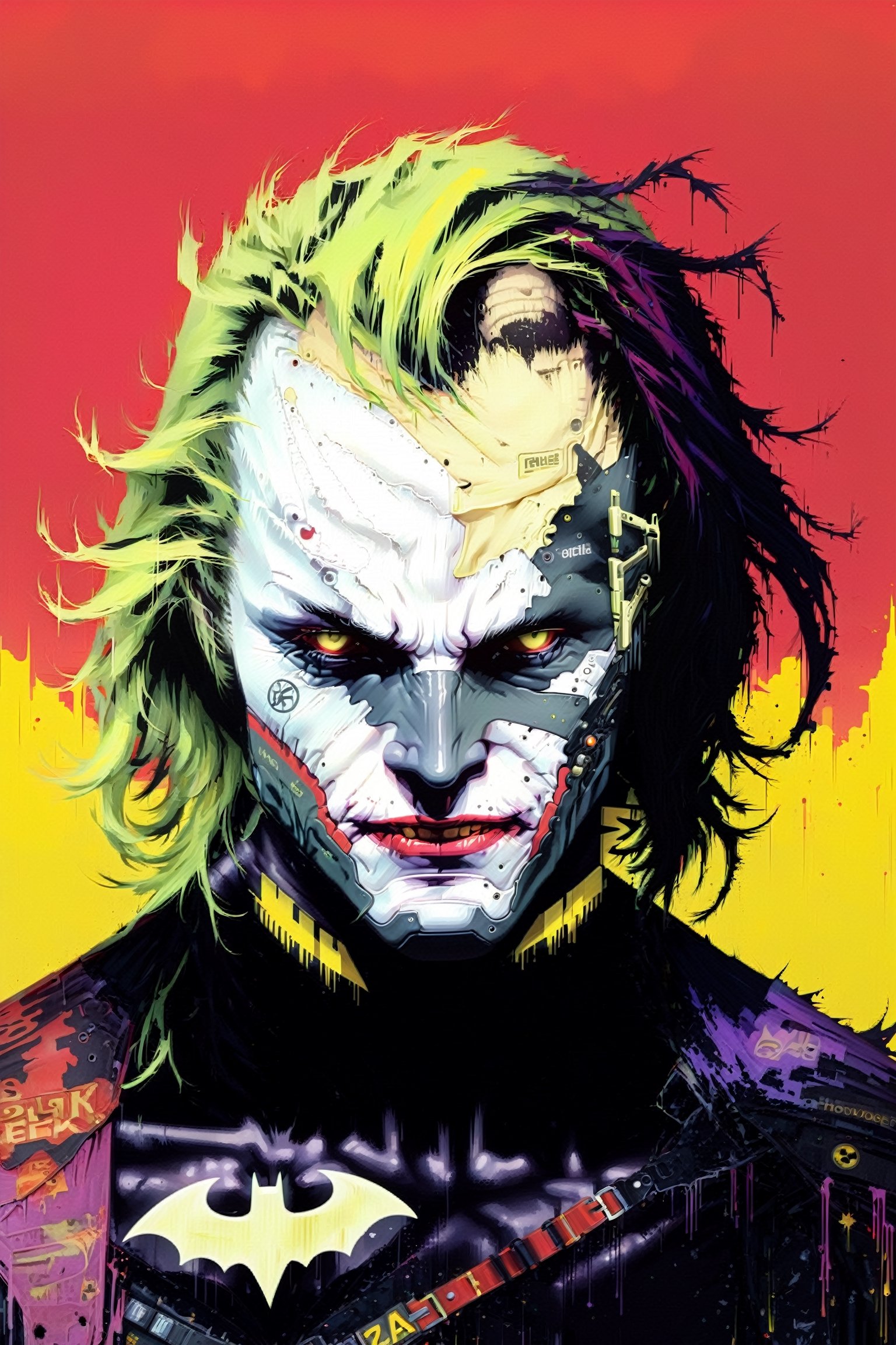 (Heath Ledger Joker) cyborg assassin wearing The Crow/batman inspired armor no logo on chest, long hair, danger, red-yellow sky, post apocalyptic art, neon horror, sci-fi, glitchcore, cgsociety, modern european ink painting, androgynous, mixed media, dystopian art, black and Neon cosmic art, analog horror, nightmare fuel, space punk, glitchcore, hauntingly beautiful, beautifully ominous. A world class male cyborg in stunning HD, world class art, unique, modern masterpiece, exceptional, exquisite, dark fantasy, apocalypse art, calotype, dripping paint