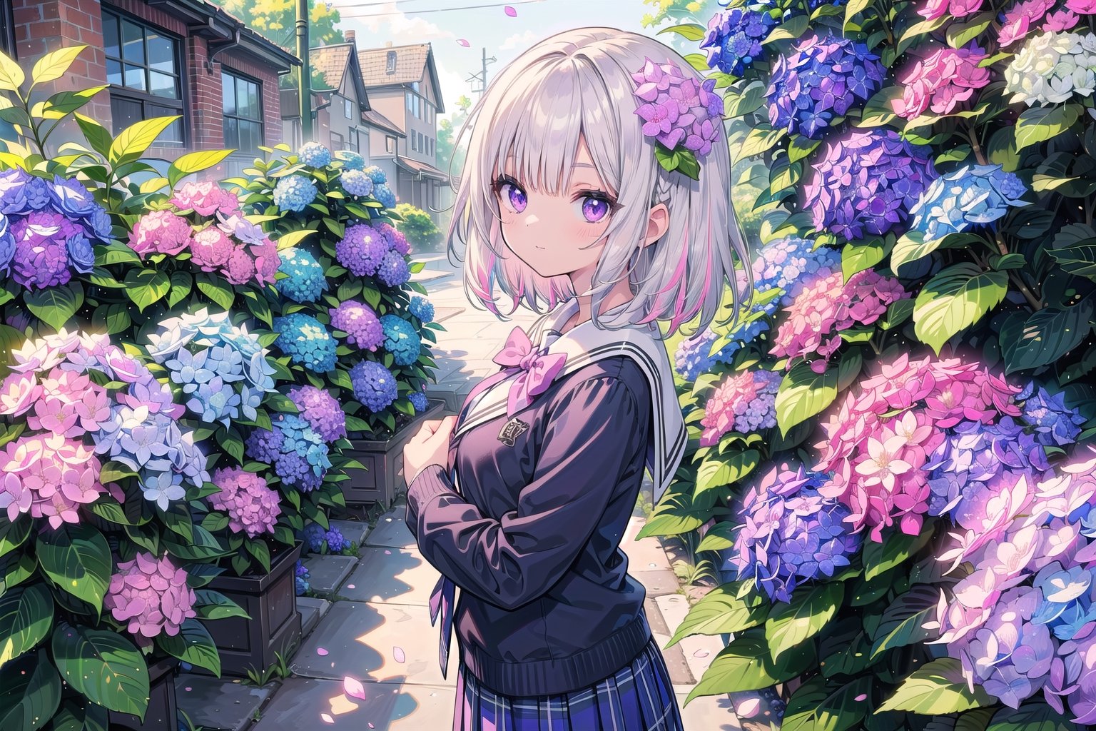 (masterpiece), outdoors, (((1girl,  silver hair, medium hair, multicolored hair, purple eyes, sidelock, bang, medium breast, casual, school uniform, painting,)), flowers (Hydrangea, blue-purple-pink:1.3)).