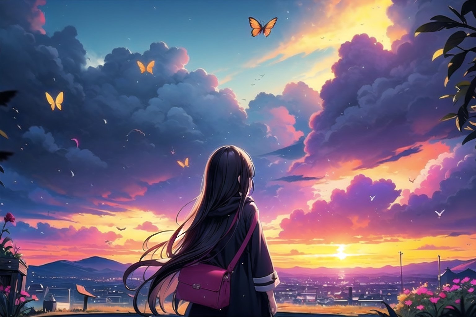 vibrant colors, female, masterpiece, sharp focus, best quality, depth of field, cinematic lighting, ((solo, one woman )), (illustration, 8k CG, extremely detailed), masterpiece, ultra-detailed, black hair, long hair, standing, cloud, hood, bag, from behind, bird, bug, butterfly, scenery, wide shot