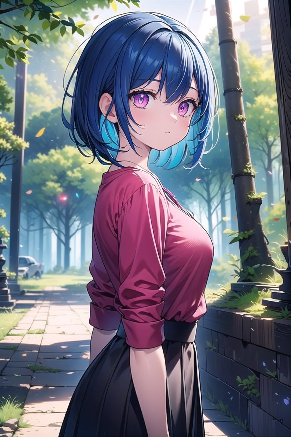 vibrant colors, female, masterpiece, sharp focus, best quality, depth of field, cinematic lighting, ((solo, one woman )), (illustration, 8k CG, extremely detailed), masterpiece, ultra-detailed,blue hair, pink eyes, red shirt, black skirt, landscape, road, rocks, natural, ruined buildings,forest