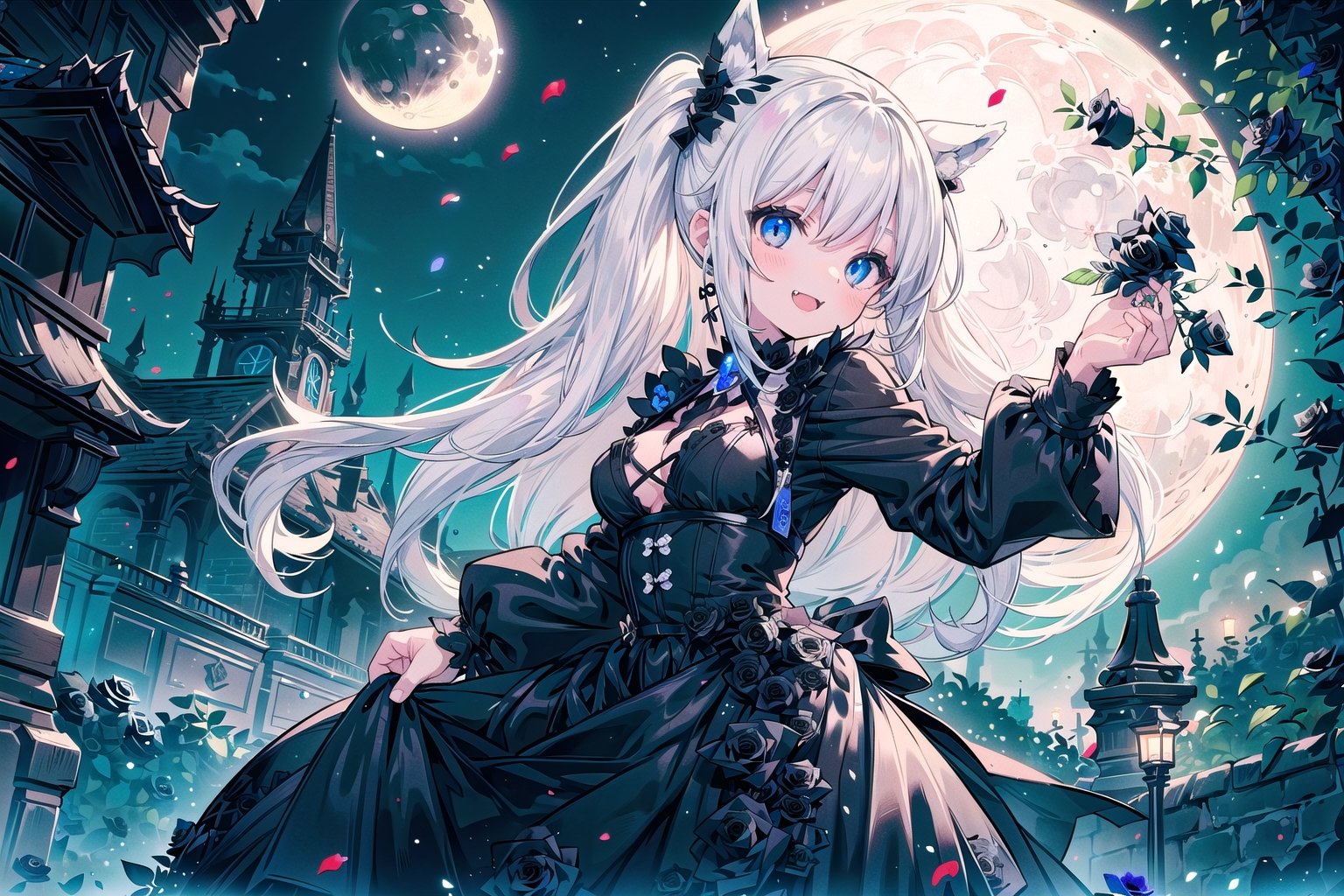 (masterpiece), outdoors, (((1girl, pony tail:1.3, white hair)), medium breast, blue eyes, cute dark clothes,  vampire fangs, smile,(lowers around:1.3), (more flowers:1.7), (black roses:1.7), (moon light:1.2) 