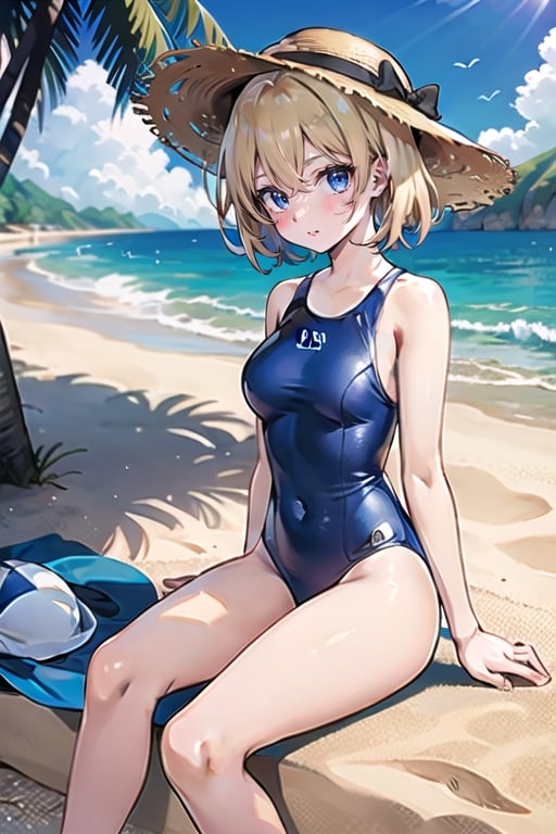 (masterpiece), best quality, one girl, blonde short hair,blu eyes, blue swimsuit ,big straw hat, symmetrical hands, background beach wiew of sea, the girl sit on sand, 