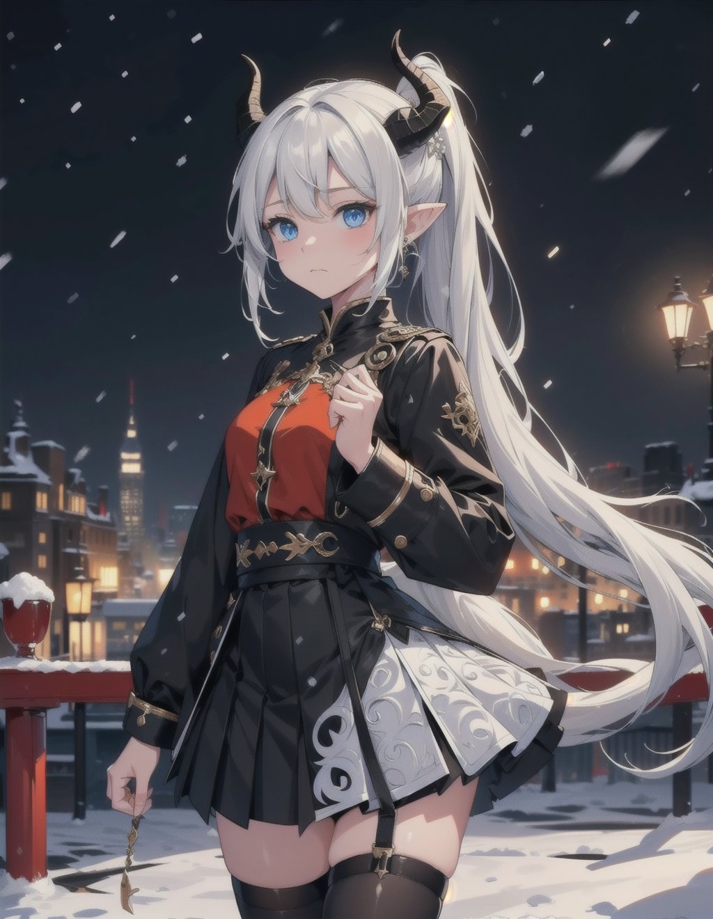 (vibrant colors, female, masterpiece, sharp focus, best quality, depth of field, cinematic lighting, ((solo, one woman )), (illustration, 8k CG, extremely detailed), masterpiece, ultra-detailed, long hair, looking at viewer, blue eyes, thighhighs, long sleeves, hair between eyes, very long hair, closed mouth, standing, ponytail, white hair, pleated skirt, horns, shoes, pointy ears, black thighhighs, miniskirt, black skirt, thigh strap, white coat, claws, dragon horns, dragon girl, dragon tail, (ice city background, snow, night, city lights, snowfall)