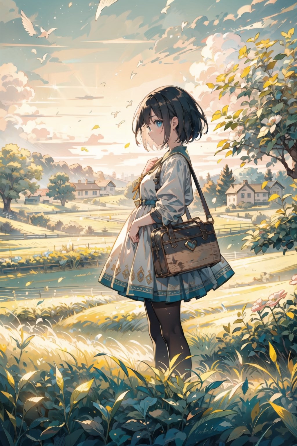 vibrant colors, female, masterpiece, sharp focus, best quality, depth of field, cinematic lighting, ((solo, one woman )), (illustration, 8k CG, extremely detailed), masterpiece, ultra-detailed, (symmetrical body), Title: "Rural Joy: Fields of Happiness"

In the heart of a vibrant farmstead, a cheerful young woman with short black hair beams with happiness, adorned in a charming farmer's ensemble. The detailed illustration captures the essence of rural bliss as she stands amidst the fields, surrounded by the bounty of nature.

Dressed in a rustic outfit, her contented expression radiates the joy derived from the simple pleasures of farm life. The fertile land and the rustic charm of the farmstead create a wholesome backdrop, accentuating the harmony between the girl and the idyllic surroundings.

"In Rural Joy," the illustration paints a heartwarming picture of a happy young woman, embodying the spirit of rural life, her laughter echoing through the fields of happiness in a delightful celebration of the bucolic charm of farm living.