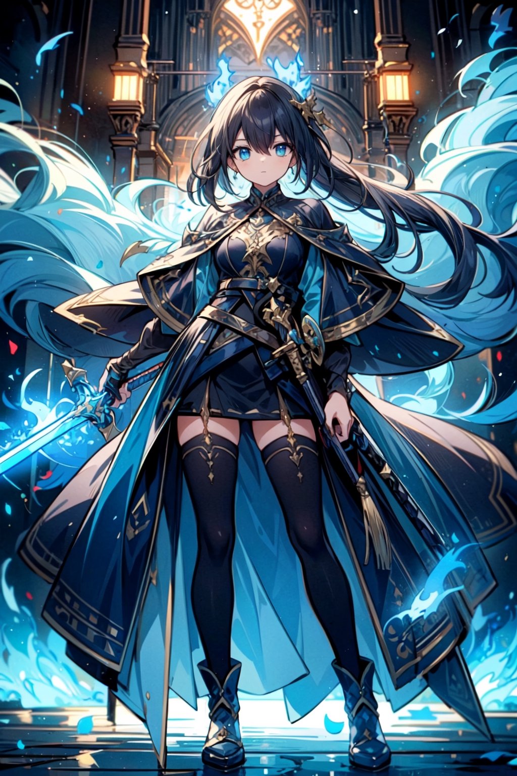 ((solo, one woman )), sword, colors, battle,  clothes, lights, blue flames,1 girl