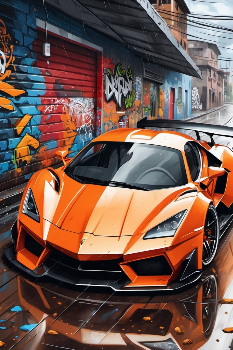 digital artwork), Supercar, wide body kit, modified car, raining(detailed face:1.2), (detailed eyes:1.2), (detailed background), graffiti wall