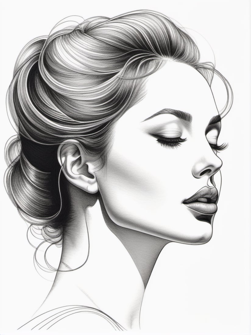 Pen drawing with an aspect ratio of 1;2 showing the side profile of a woman. Delicate lines trace her face, capturing the curvature of her nose, lips, and eyelashes, creating a sense of elegance.