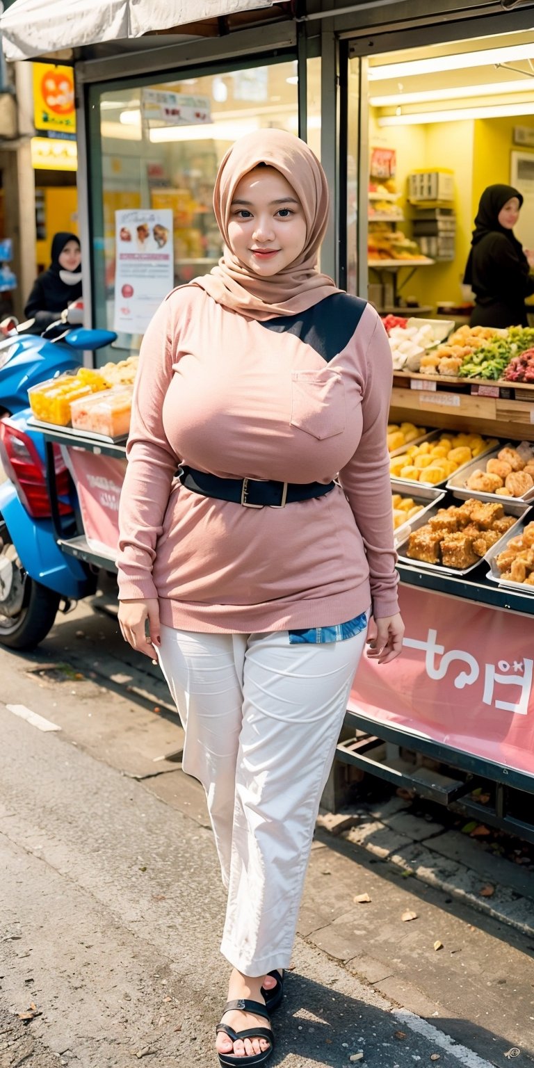 full body shot, best quality, masterpiece, (photorealistic:1.4), 1girl, 18 year old girl, (clear white_hijab), perfect milfication body, slim waist, big hips, perfect body shape, skinny, petite body, huge tits, ( white hijab, tight pink shirt with pocket, long sleeves, black trouser, hand bag, flip flop), gigantic_breasts, light smile, realistic expression,milfication,mature female,milf, (at street vendors selling sweet foods, scenery background, jakarta street), flat lighting,igirl,hijab,hourglass body shape,hij4b,hijab indonesia,indonesia