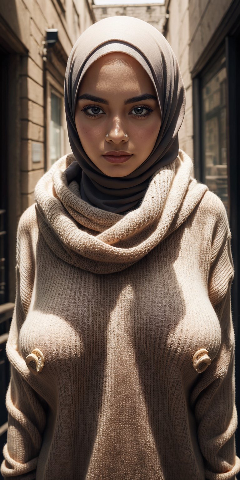 photorealistic,Hijab,beauty,Realism,ultra realistic,4K,realistic,detailed,backround_detailed,facing_viewer, half body, front body view,huge_breast, sweater