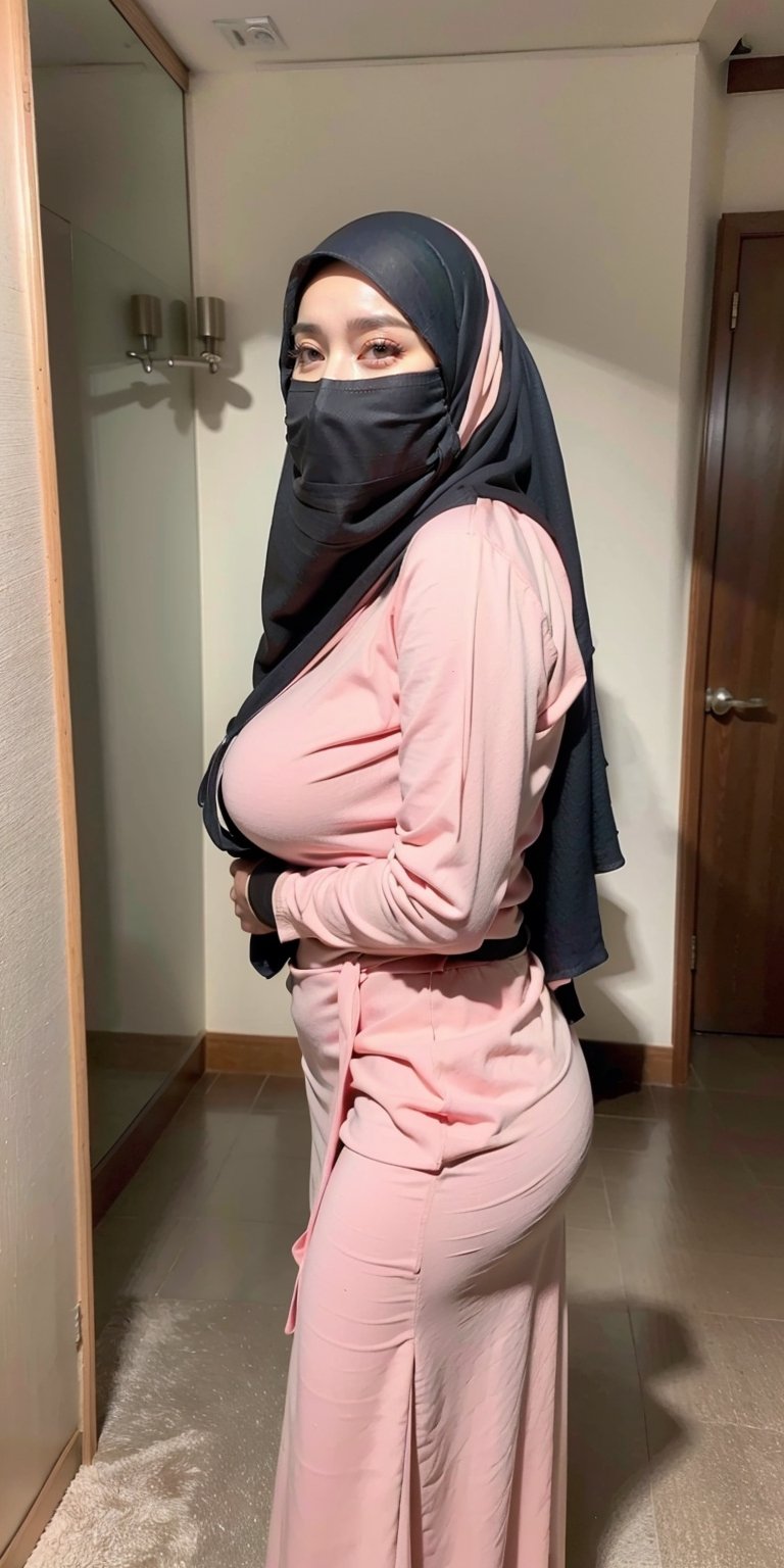  best quality, masterpiece, RAW photo, super realistic, (photorealistic:1.4), 1girl, 18 year old girl, (clear white_hijab), (mouth veil, hijab with veil, veil), perfect milfication body, slim waist, big hips, big booty, perfect body shape, skinny, milfication, (white tight shirt, long skirt), gigantic_breasts, huge tits, from front view, front body shot, looking at viewer, her body facing viewer, shy expression,mature female,milf, (at fitting room), flat lighting,igirl,hijab,hourglass body shape,indonesia,Standing front body Pose,selfie