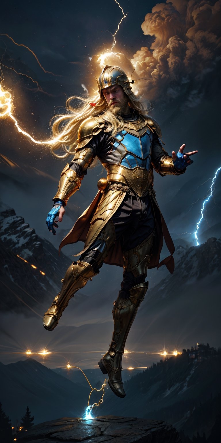 8k, male body, ((male body)), 1man caucasian, the god of thunder with long blonde and gold braided hair, wearing a detailed and intricate golden helmet, looking of camera, (long beard:1.4), (super great white coat:1), the floor separated from him with delicate face ((body levitation)), (long blonde hair in the air:1.54) , lot of hair, (((Fullbody Shot))), dressed in the golden armor, (Caucasian skin:1.2), on a black cloth background, The knights of the zodiac, Cloth and gold armor, perfect eyes, pale mory color skin, white skin, skin pores, clear skin, skin with gold drops, ((mystical background)) good anatomy, perfect hands, perfect eyes,4ry4,magical brackground,cloud, background_sky, mystical sky, ultra realistic, background details, (detail face), clear face, clear photography,perfecteyes, ((dramatic lighting)) sweat, (sweat droplets golden), God and the stars, the space is nice, random place, a lovely golden armor, extremely long hair, messy hair, perfect face, ultra detail face, perfect fingers, good finger anatomy, ((perfect hands)) body levitation, spectacular levitation, two perfect legs and feet, feet apart, photographic cinematic super high detailed, perfect legs, mysterious power, body levitation, man's face, thunders, sweat, sweat of golden drops, Caucasian Male,Circle,magical fire, ((perfect fingers)) (magical thunder:1.4) (golden 2 winged helmet: 1.1), (Montain:1.4), (electric blue:1.8)
