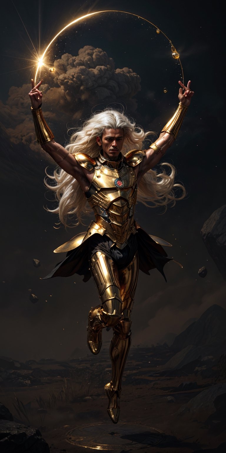 8k, male body, ((male body)), 1man cuban, Taurus Aldebarán levitating, super great white coat, the floor separated from him ((body levitation)), (long white hair in the air:1.54) , lot of hair, (((Fullbody Shot))), dressed in the golden armor of Taurus, (black skin:1.2), dark skin, brown skin, (tan skin:1.5), dark complexion, on a black cloth background, The knights of the zodiac, Cloth and gold armor, perfect eyes, skin pores, clear skin, skin with gold drops, ((mystical background)) good anatomy, perfect hands, perfect eyes,4ry4,magical brackground,cloud, background_sky, mystical sky, ultra realistic, background details, (detail face), clear face, clear photography,perfecteyes, ((dramatic lighting)) sweat, (sweat droplets golden), God and the stars, the space is nice, random place, a lovely golden armor, extremely long hair, messy hair, perfect face, ultra detail face, perfect fingers, good finger anatomy, ((perfect hands)) body levitation, spectacular levitation, two perfect legs and feet, feet apart, photographic cinematic super high detailed, mysterious power, body levitation, (face Abimana Aryasatya), man's face, golden shower, sweat, sweat of golden drops, Brazilian Male,Circle,magical circle, ((perfect fingers))