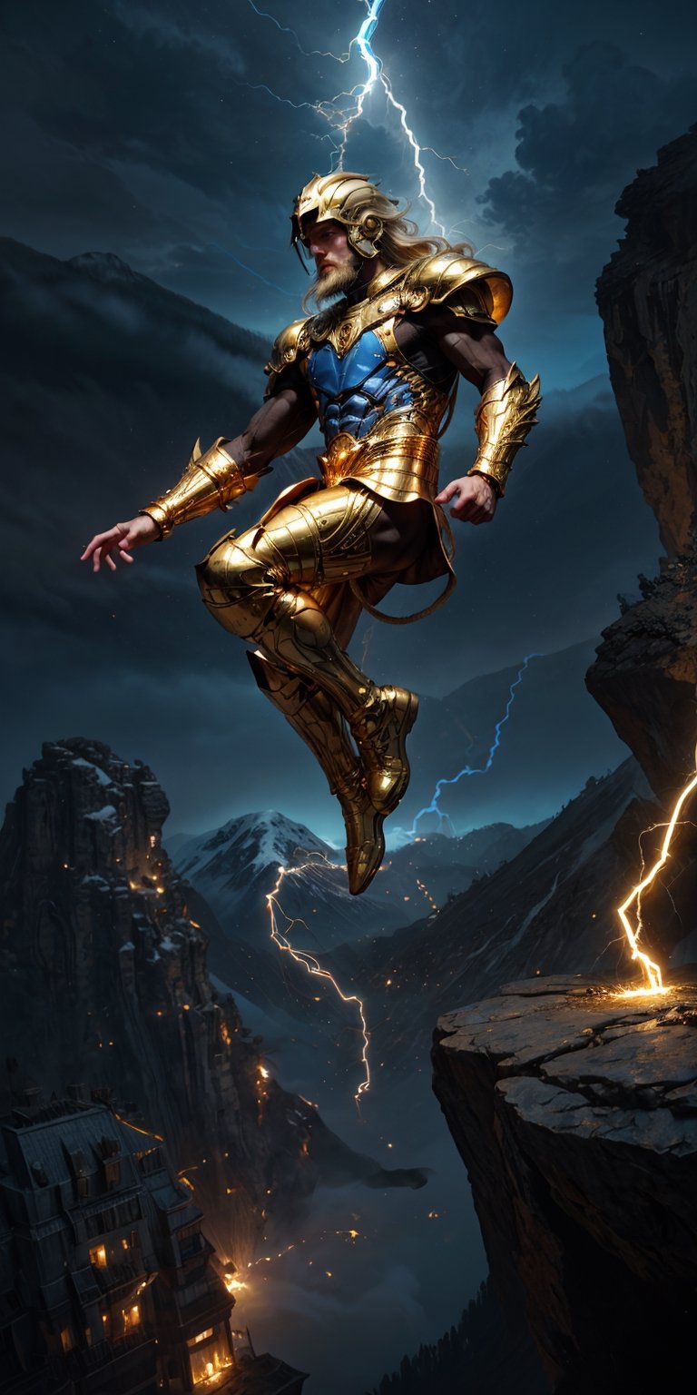 8k, male body, ((male body)), 1man caucasian, the god of thunder with long blonde and gold braided hair, wearing a detailed and intricate golden helmet, looking of camera, (long beard:1.4), (super great white coat:1), the floor separated from him with delicate face ((body levitation)), (long blonde hair in the air:1.54) , lot of hair, (((Fullbody Shot))), dressed in the golden armor, (Caucasian skin:1.2), on a black cloth background, The knights of the zodiac, Cloth and gold armor, perfect eyes, pale mory color skin, white skin, skin pores, clear skin, skin with gold drops, ((mystical background)) good anatomy, perfect hands, perfect eyes,4ry4,magical brackground,cloud, background_sky, mystical sky, ultra realistic, background details, (detail face), clear face, clear photography,perfecteyes, ((dramatic lighting)) sweat, (sweat droplets golden), God and the stars, the space is nice, random place, a lovely golden armor, extremely long hair, messy hair, perfect face, ultra detail face, perfect fingers, good finger anatomy, ((perfect hands)) body levitation, spectacular levitation, two perfect legs and feet, feet apart, photographic cinematic super high detailed, perfect legs, mysterious power, body levitation, man's face, thunders, sweat, sweat of golden drops, Caucasian Male,Circle,magical fire, ((perfect fingers)) (magical thunder:1.4) (golden 2 winged helmet: 1.1), (Montain:1.4), (electric blue:1.8)
