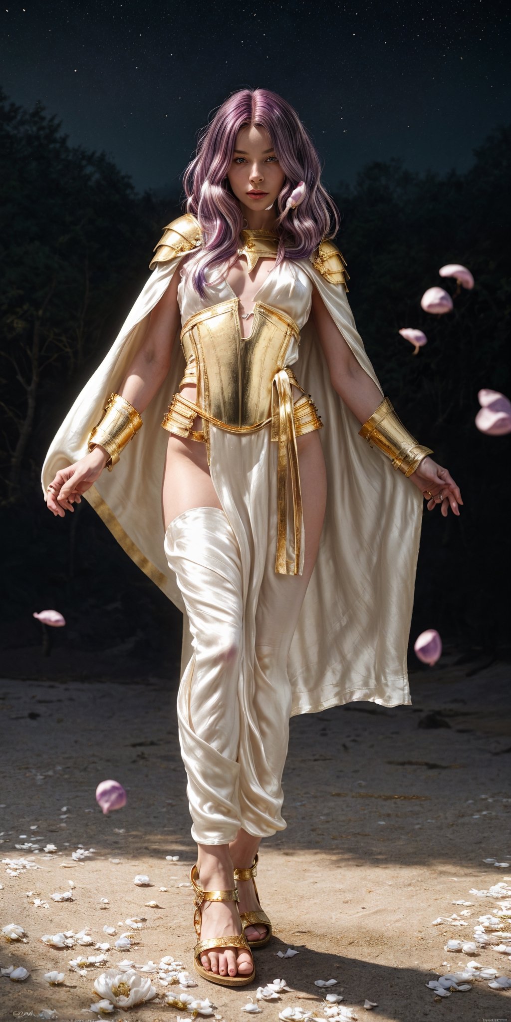 Wide shot of russian teen girl, she is wearing ((white long silk tunic:1.4)), [bare legs], (gold roman sandals:1.5), ((silk white robe:1.3)), (waist of gold armor:1.6), (golden corset of gold armor:1), (hyperdetailed photography,), (masterpiece), real photo, 8k UHD, solo female, relaxed expression, ((girl body:1.3)), girl in outdoors, woman levitating or she is jumping on the spot, (white cape:1.7), the floor separated from him with, ((body levitation:1.2)), (only long light violet hair to the ground:1.7) , lot of hair, (((Fullbody Shot))), (Caucasian skin:1.2), on a black cloth background, perfect eyes, pale mory color skin, white skin, skin pores, clear skin, ((mystical background)) good anatomy, perfect hands, perfect eyes, 4ry4, magical brackground, cloud, background_sky, mystical sky, ultra realistic, background details, (detail face), clear face, clear, perfecteyes, ((dramatic lighting)), God and the stars, the space is nice, random place, a lovely body, extremely long hair, messy hair, perfect face, ultra detail face, perfect fingers, good finger anatomy, ((perfect hands:1.0)) body levitation, spectacular levitation, two perfect legs and feet, feet apart, perfect feet, photographic cinematic super high detailed, perfect legs, mysterious power, famale face, Caucasian Male, magical white, ((perfect fingers)) (magical white:1.2), grass, (swirl of white petals:1.2), (petals:1.7), female hips, natural beauty, feminine traits, greek girl