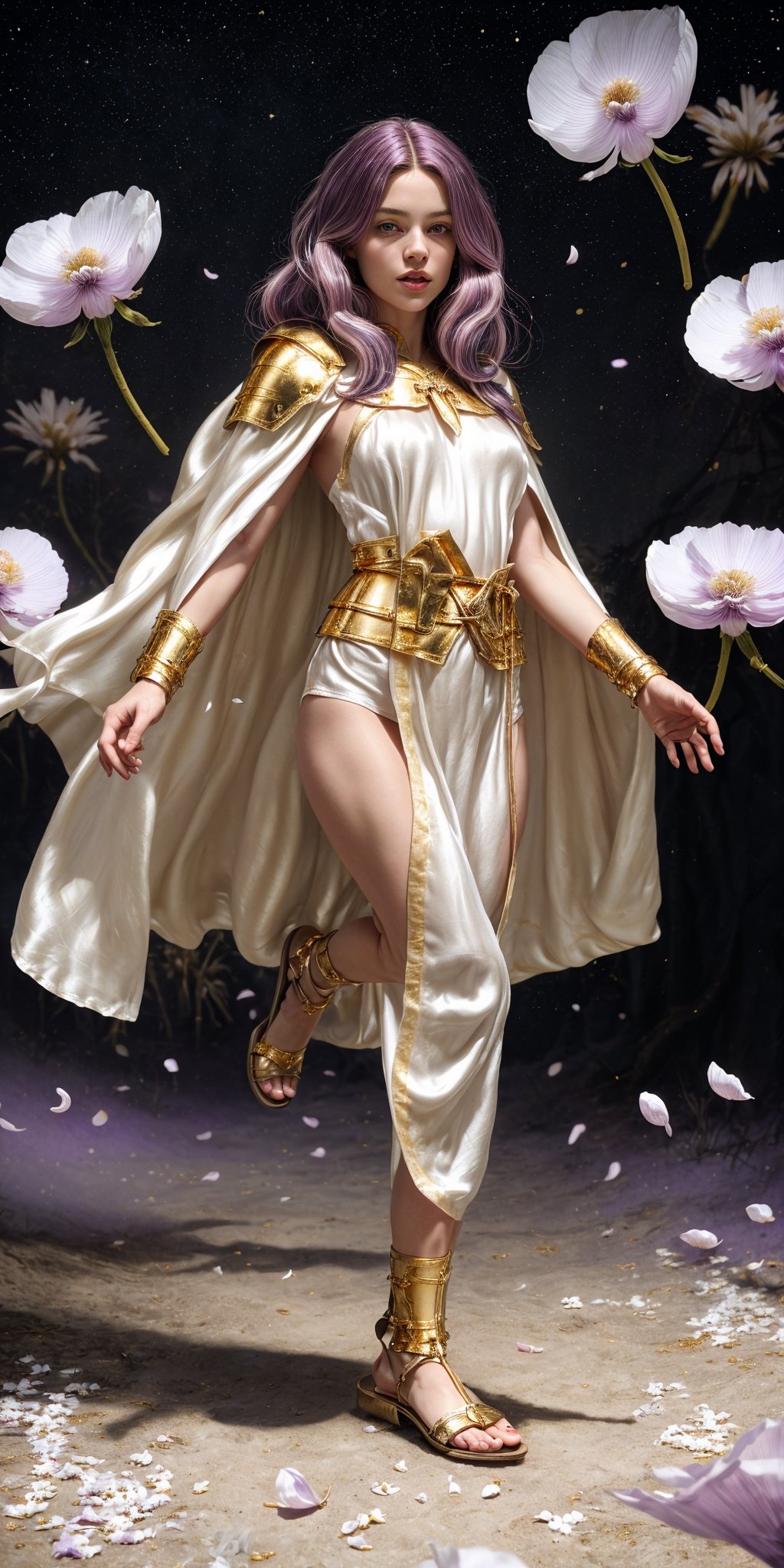 Wide shot of russian teen girl, she is wearing ((white long silk tunic:1.4)), [bare legs], (gold roman sandals:1.5), ((silk white robe:1.3)), (waist of gold armor:1.6), (golden corset of gold armor:1), (hyperdetailed photography,), (masterpiece), real photo, 8k UHD, solo female, relaxed expression, ((girl body:1.3)), girl in outdoors, woman levitating or she is jumping on the spot, (white cape:1.7), the floor separated from him with, ((body levitation:1.2)), (only long light violet hair to the ground:1.7) , lot of hair, (((Fullbody Shot))), (Caucasian skin:1.2), on a black cloth background, perfect eyes, pale mory color skin, white skin, skin pores, clear skin, ((mystical background)) good anatomy, perfect hands, perfect eyes, 4ry4, magical brackground, cloud, background_sky, mystical sky, ultra realistic, background details, (detail face), clear face, clear, perfecteyes, ((dramatic lighting)), God and the stars, the space is nice, random place, a lovely body, extremely long hair, messy hair, perfect face, ultra detail face, perfect fingers, good finger anatomy, ((perfect hands:1.0)) body levitation, spectacular levitation, two perfect legs and feet, feet apart, perfect feet, photographic cinematic super high detailed, perfect legs, mysterious power, famale face, Caucasian Male, magical white, ((perfect fingers)) (magical white:1.2), grass, (swirl of white petals:1.2), (petals:1.7), female hips, natural beauty, feminine traits, greek girl