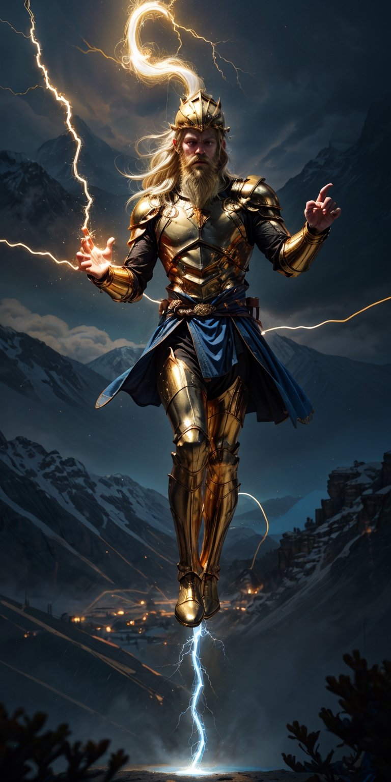 8k, male body, ((male body)), 1man caucasian, the god of thunder with long blonde and gold braided hair, wearing a detailed and intricate golden helmet, looking of camera, (long beard:1.4), (super great white coat:1), the floor separated from him with delicate face ((body levitation)), (long blonde hair in the air:1.54) , lot of hair, (((Fullbody Shot))), dressed in the golden armor, (Caucasian skin:1.2), on a black cloth background, The knights of the zodiac, Cloth and gold armor, perfect eyes, pale mory color skin, white skin, skin pores, clear skin, skin with gold drops, ((mystical background)) good anatomy, perfect hands, perfect eyes,4ry4,magical brackground,cloud, background_sky, mystical sky, ultra realistic, background details, (detail face), clear face, clear photography,perfecteyes, ((dramatic lighting)) sweat, (sweat droplets golden), God and the stars, the space is nice, random place, a lovely golden armor, extremely long hair, messy hair, perfect face, ultra detail face, perfect fingers, good finger anatomy, ((perfect hands)) body levitation, spectacular levitation, two perfect legs and feet, feet apart, photographic cinematic super high detailed, perfect legs, mysterious power, body levitation, man's face, thunders, sweat, sweat of golden drops, Caucasian Male,Circle,magical fire, ((perfect fingers)) (magical thunder:1.4) (golden 2 winged helmet: 1.1), (Montain:1.4), (electric blue:1.8)
