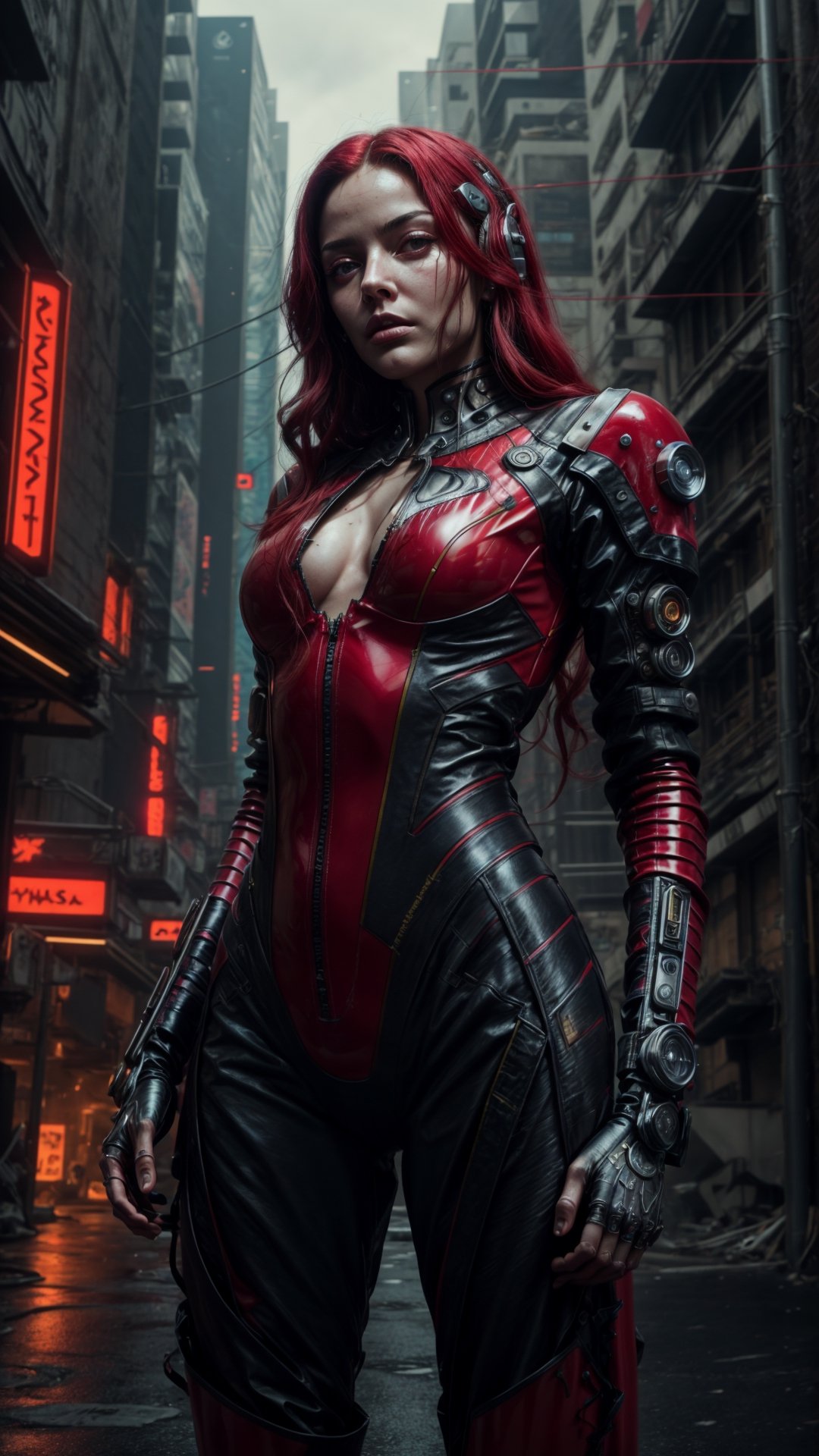 ultra details on face, ((cyberpunk)) The camera is shooting of a woman with long red hair in a relaxed posture, face seriously. (She's outside next to her spaceship shooting). She wears a black leather jumpsuit with glowing cybernetic implants, latex, (red suit:1.6), (dramatic lighting:1.2), (perfect fingers:1.4), (4k), (masterpiece), (best quality),(extremely intricate), (realistic), (sharp focus), (award winning), (cinematic lighting), (extremely detailed), (pore skin), (HD), (face detail), (good anatomy),mecha musume,car,EpicArt, epic sky,neon