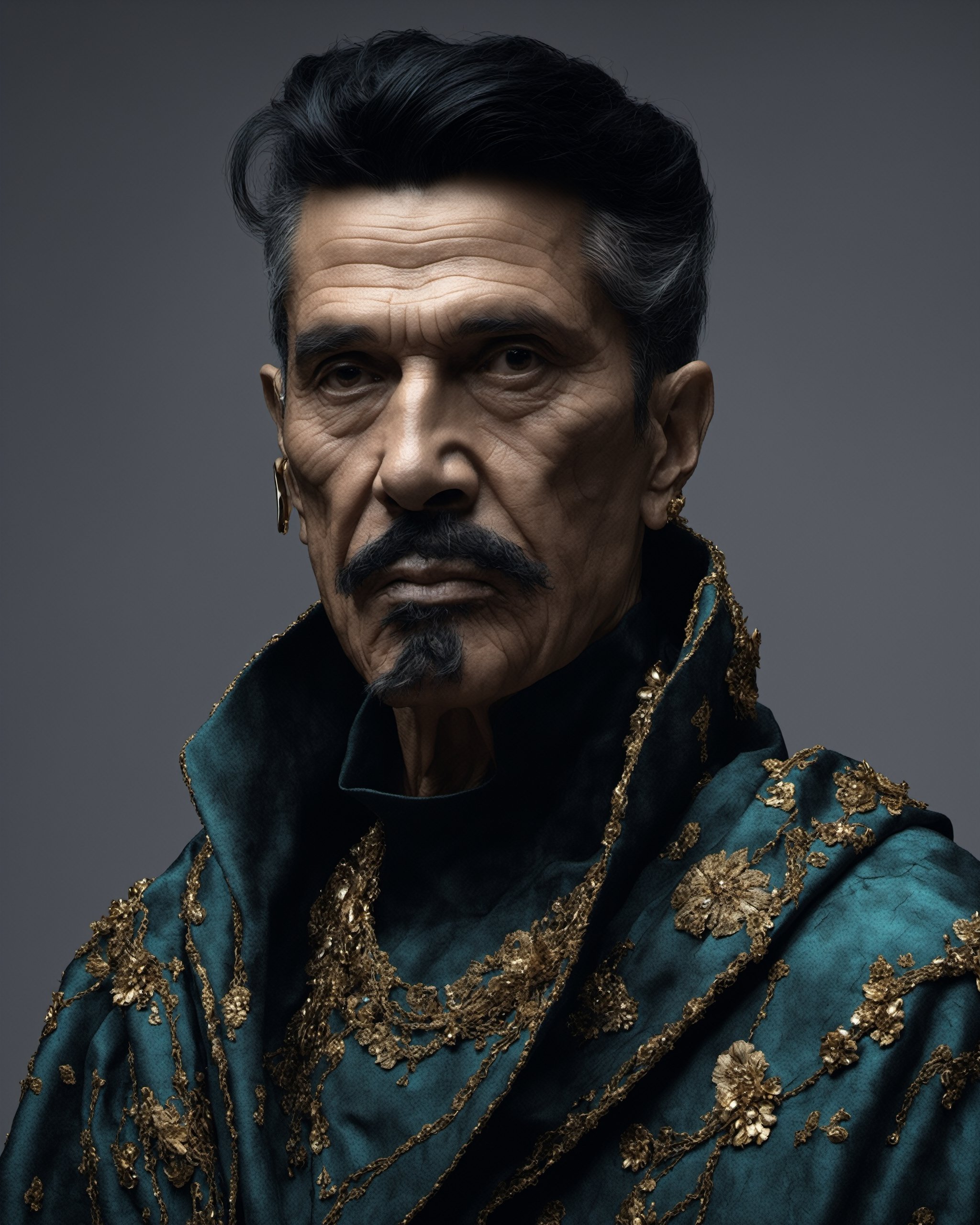 Photo of a 50 year old Rodrigo Alejandro Bueno, wrinkled skin, blemishes, pore skin, Black hair, weird fashion, fashion photography , inspired by classical paintings and cyberpunk, weird_fashion:1.0,detailmaster2, plain color background, desaturated tones, full_body:1.2,photo r3al