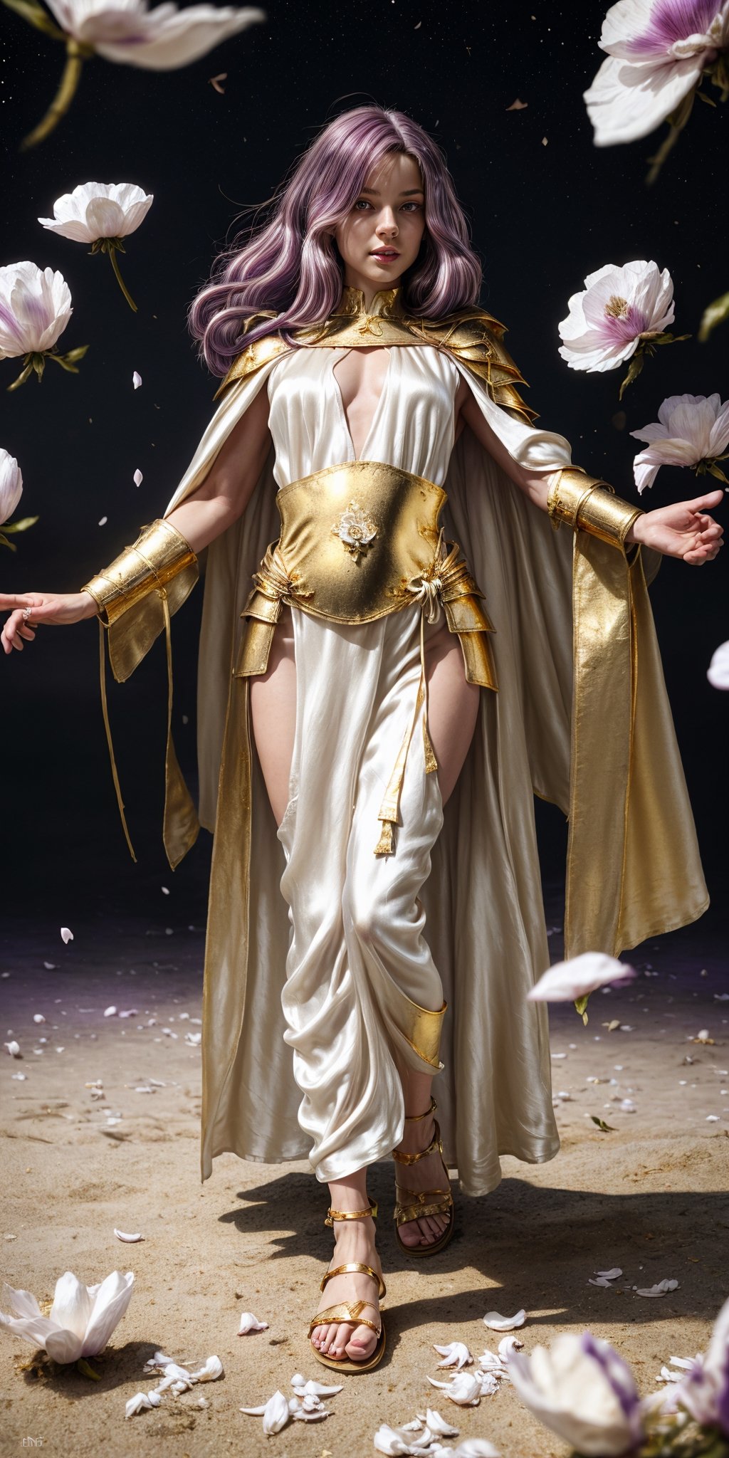 Wide shot of russian teen girl, she is wearing ((white long silk tunic:1.4)), [bare legs], (gold roman sandals:1.5), ((silk white robe:1.3)), (waist of gold armor:1.6), (golden corset of gold armor:1), (hyperdetailed photography,), (masterpiece), real photo, 8k UHD, solo female, relaxed expression, ((girl body:1.3)), girl in outdoors, woman levitating or she is jumping on the spot, (white cape:1.7), the floor separated from him with, ((body levitation:1.2)), (only long light violet hair to the ground:1.7) , lot of hair, (((Fullbody Shot))), (Caucasian skin:1.2), on a black cloth background, perfect eyes, pale mory color skin, white skin, skin pores, clear skin, ((mystical background)) good anatomy, perfect hands, perfect eyes, 4ry4, magical brackground, cloud, background_sky, mystical sky, ultra realistic, background details, (detail face), clear face, clear, perfecteyes, ((dramatic lighting)), God and the stars, the space is nice, random place, a lovely body, extremely long hair, messy hair, perfect face, ultra detail face, perfect fingers, good finger anatomy, ((perfect hands:1.0)) body levitation, spectacular levitation, two perfect legs and feet, feet apart, perfect feet, photographic cinematic super high detailed, perfect legs, mysterious power, famale face, Caucasian Male, magical white, ((perfect fingers)) (magical white:1.2), grass, (swirl of white petals:1.2), (petals:1.7), female hips, natural beauty, feminine traits, greek girl