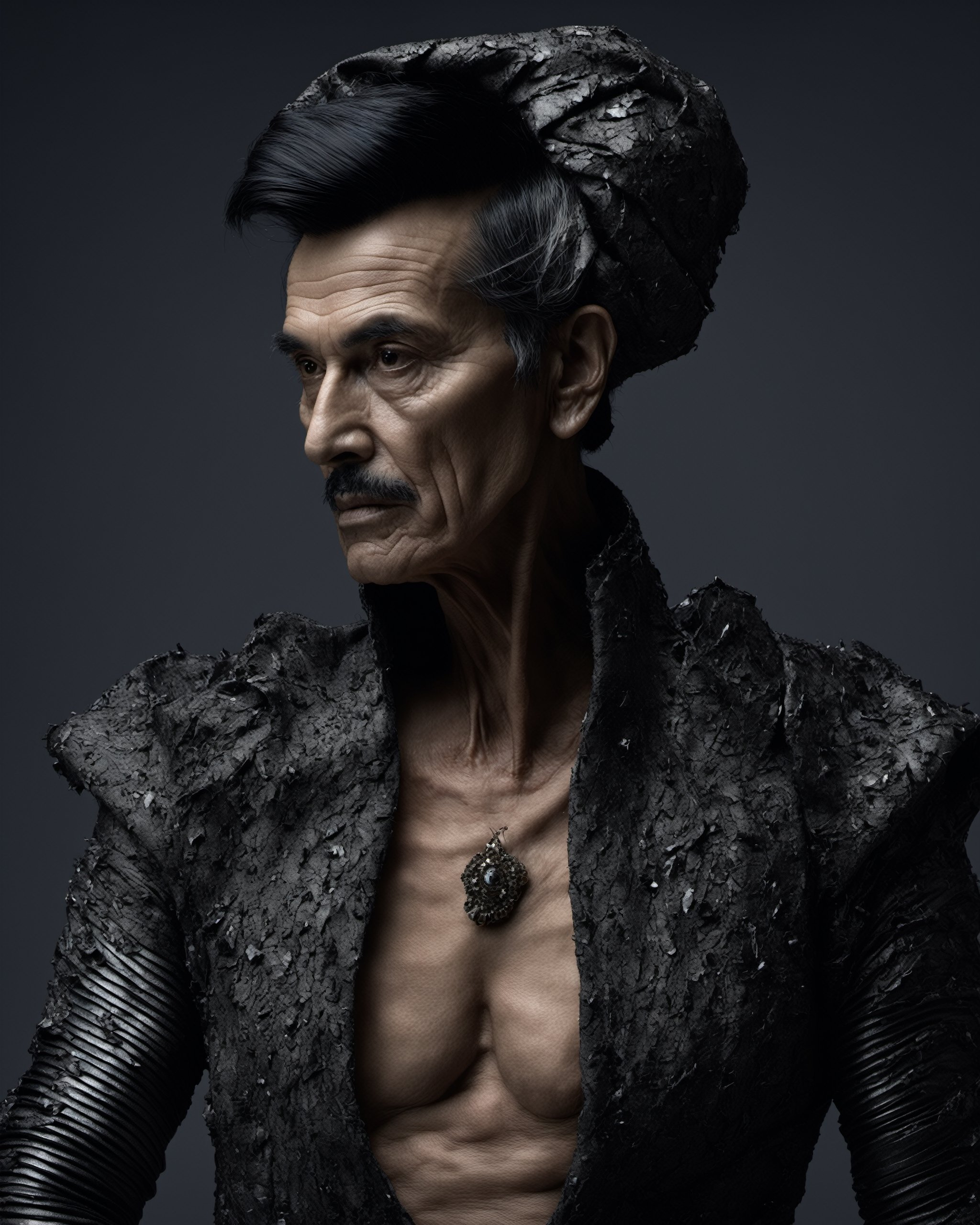 Photo of a 50 year old Rodrigo Alejandro Bueno, wrinkled skin, blemishes, pore skin, Black hair, weird fashion, fashion photography , inspired by classical paintings and cyberpunk, weird_fashion:1.0,detailmaster2, plain color background, desaturated tones, full_body:1.2,photo r3al