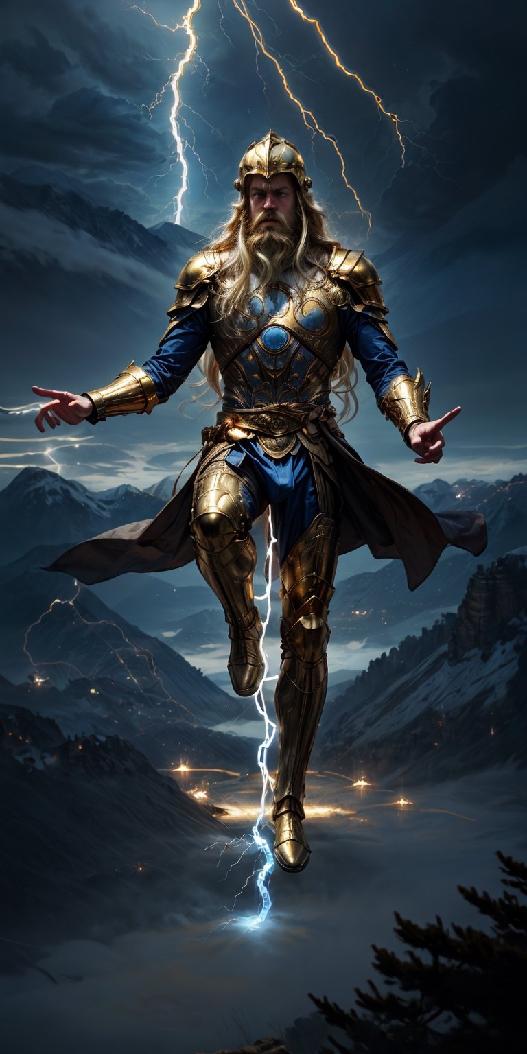 8k, male body, ((male body)), 1man caucasian, the god of thunder with long blonde and gold braided hair, wearing a detailed and intricate golden helmet, looking of camera, (long beard:1.4), (super great white coat:1), the floor separated from him with delicate face ((body levitation)), (long blonde hair in the air:1.54) , lot of hair, (((Fullbody Shot))), dressed in the golden armor, (Caucasian skin:1.2), on a black cloth background, The knights of the zodiac, Cloth and gold armor, perfect eyes, pale mory color skin, white skin, skin pores, clear skin, skin with gold drops, ((mystical background)) good anatomy, perfect hands, perfect eyes,4ry4,magical brackground,cloud, background_sky, mystical sky, ultra realistic, background details, (detail face), clear face, clear photography,perfecteyes, ((dramatic lighting)) sweat, (sweat droplets golden), God and the stars, the space is nice, random place, a lovely golden armor, extremely long hair, messy hair, perfect face, ultra detail face, perfect fingers, good finger anatomy, ((perfect hands)) body levitation, spectacular levitation, two perfect legs and feet, feet apart, photographic cinematic super high detailed, perfect legs, mysterious power, body levitation, man's face, thunders, sweat, sweat of golden drops, Caucasian Male,Circle,magical fire, ((perfect fingers)) (magical thunder:1.4) (golden 2 winged helmet: 1.1), (Montain:1.4), (electric blue:1.8)
