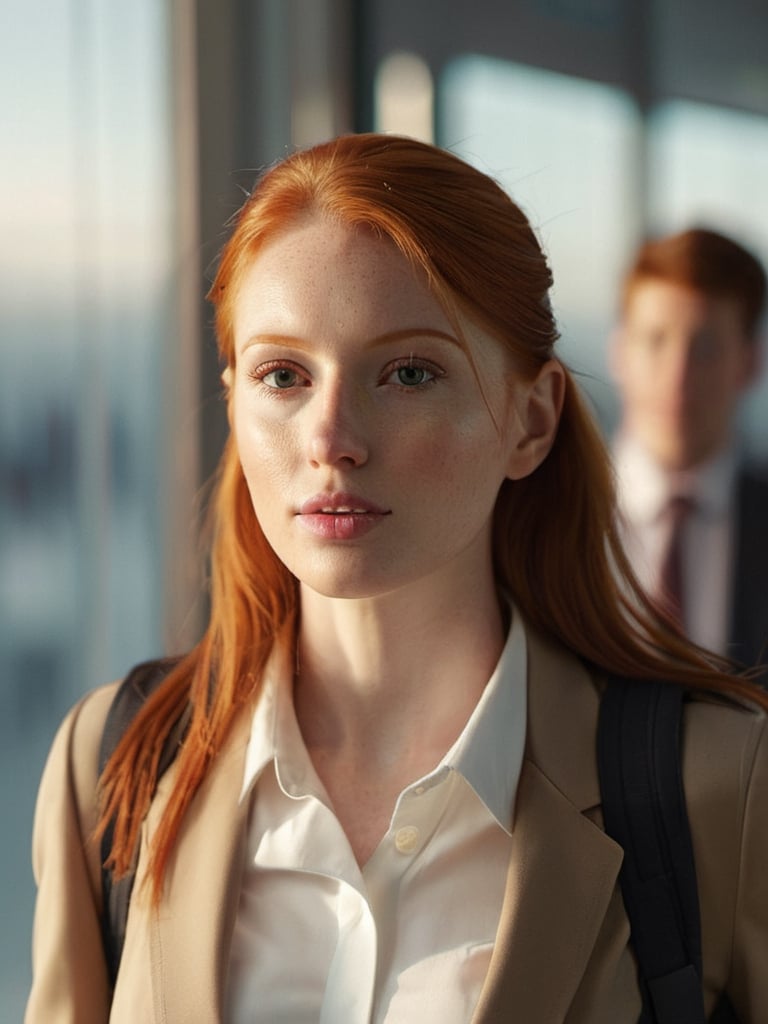 masterpiece, close up portrait,  woman redhead ,   dynamic walk, move,   plane visible through windows,   trending on cg society, digital art, a hyperrealistic girl, perfect slim body,  hyperrealistic schoolgirl, dressed like bitch , realistic student, still from a live action movie, warm cinematic, sun rays, ray tracing, perfect perspective, promotional still,  airport interior background,warm cinematic, sunset god rays
