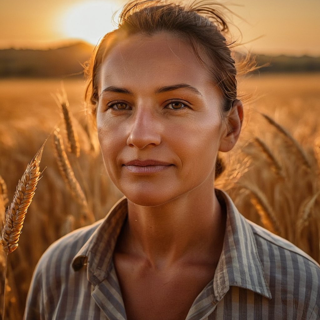 A resilient woman farmer stands amidst golden wheat, her face bathed in the warm glow of sunset. Her connection to the land is depicted with extremely realistic, cinematic, vibrant colors and shadows.