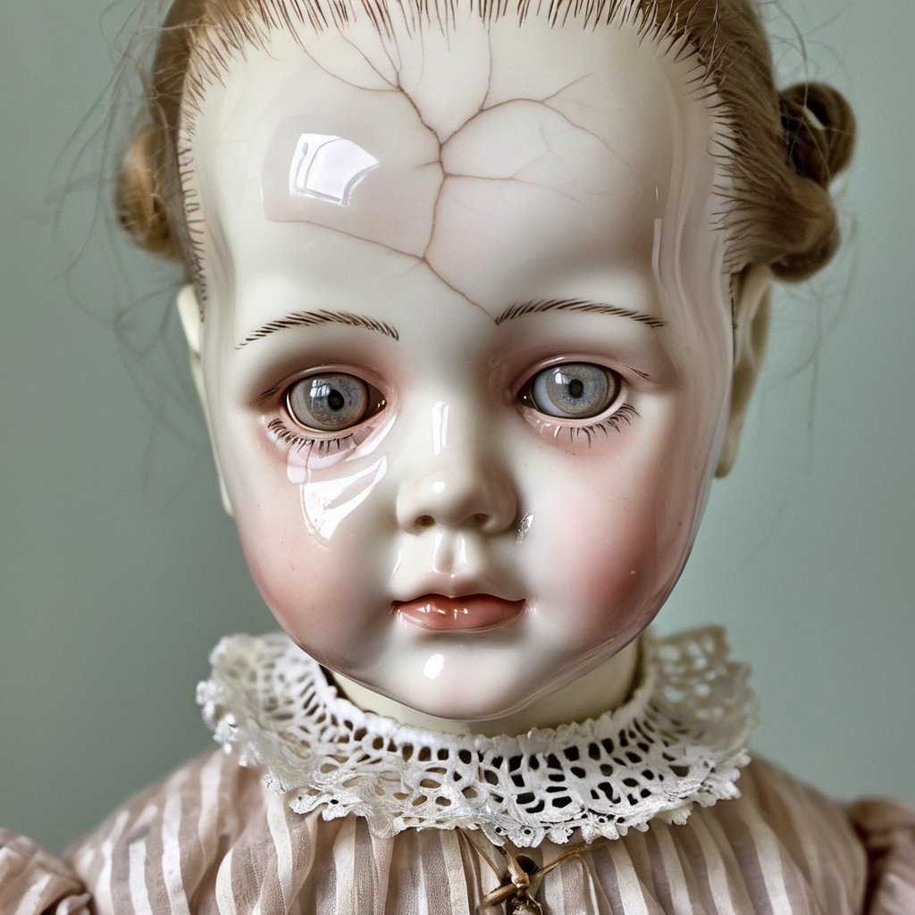 Creepy Victorian porcelain doll , a babydoll, human baby face, cracked, intricately detailed dress, glassy dead-eyed stare