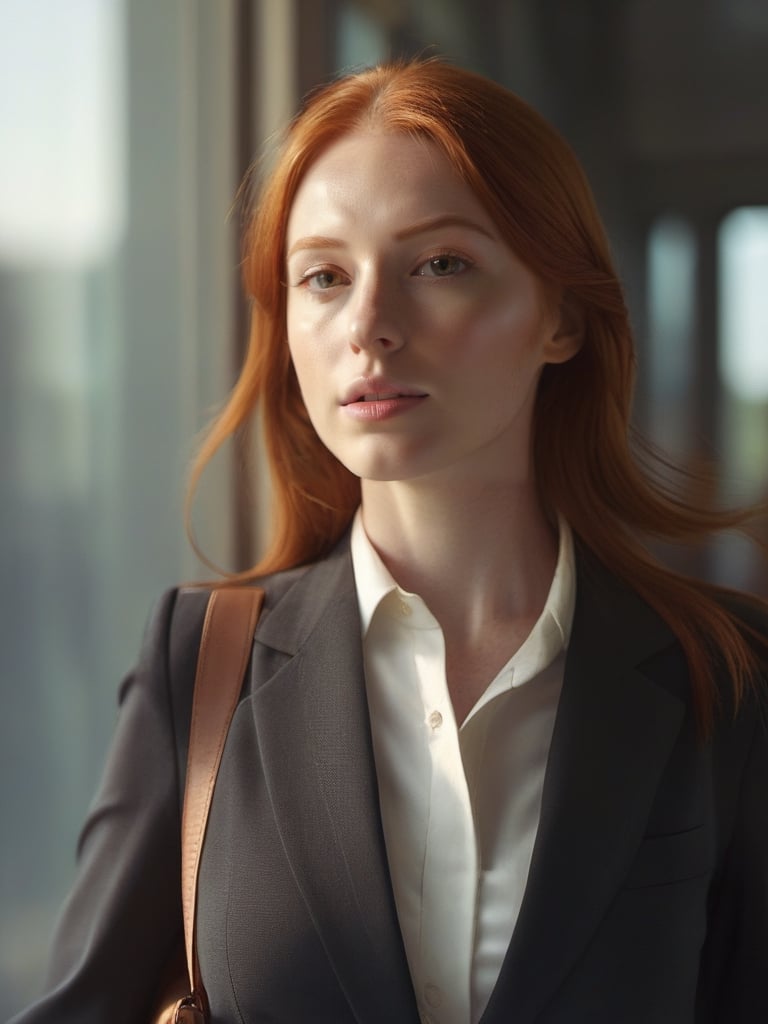 masterpiece, close up portrait,  woman redhead ,   dynamic walk, move,   plane visible through windows,   trending on cg society, digital art, a hyperrealistic girl, perfect slim body,  hyperrealistic schoolgirl, dressed like bitch , realistic student, still from a live action movie, warm cinematic, sun rays, ray tracing, perfect perspective, promotional still,  airport interior background,warm cinematic, sunset god rays
