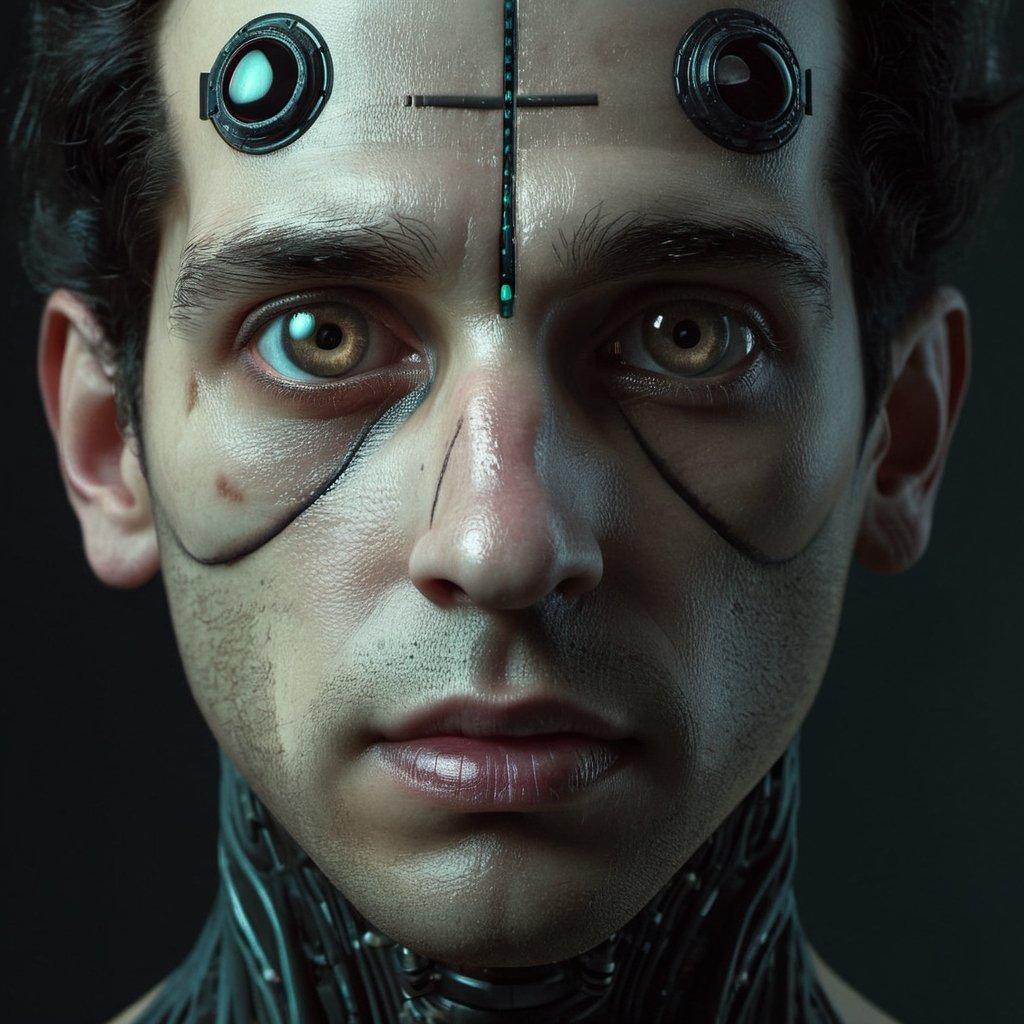 Male A. I. inspired by SHODAN from System Shock, full body, detailed symmetrical face, real, alive, real skin textures, big eyes, , (B&W, Monochrome), Photorealistic, Hyper-realistic, Hyper-detailed, film noir, detailed skin, pores, matte skin, soft lighting, subsurface scattering, realistic, heavy shadow, masterpiece, best quality, 8k, golden ratio, Intricate, film photography, full sharp, soft focus