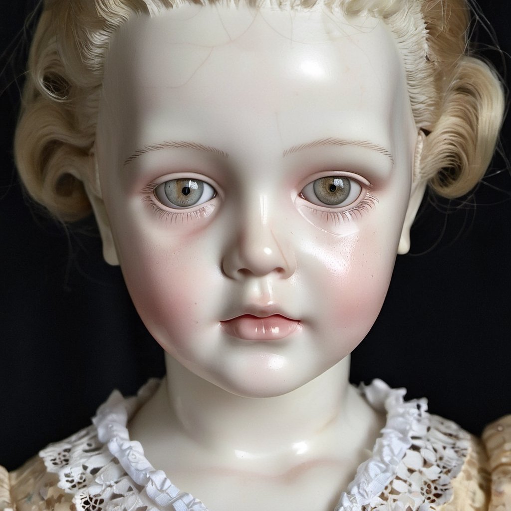 Creepy Victorian porcelain doll , a babydoll, Pale face, cracked, intricately detailed dress, glassy dead-eyed stare