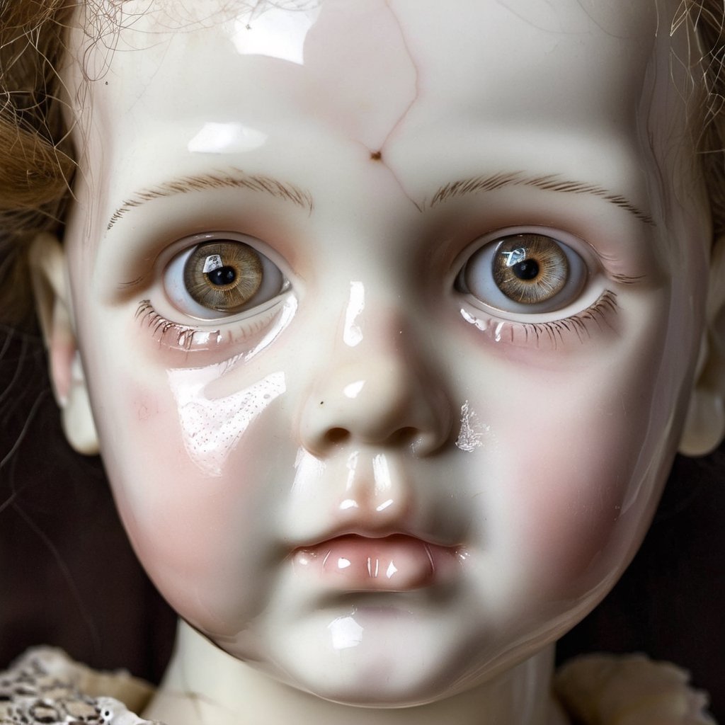 Creepy Victorian porcelain doll , a babydoll, human baby face, cracked, intricately detailed dress, glassy dead-eyed stare