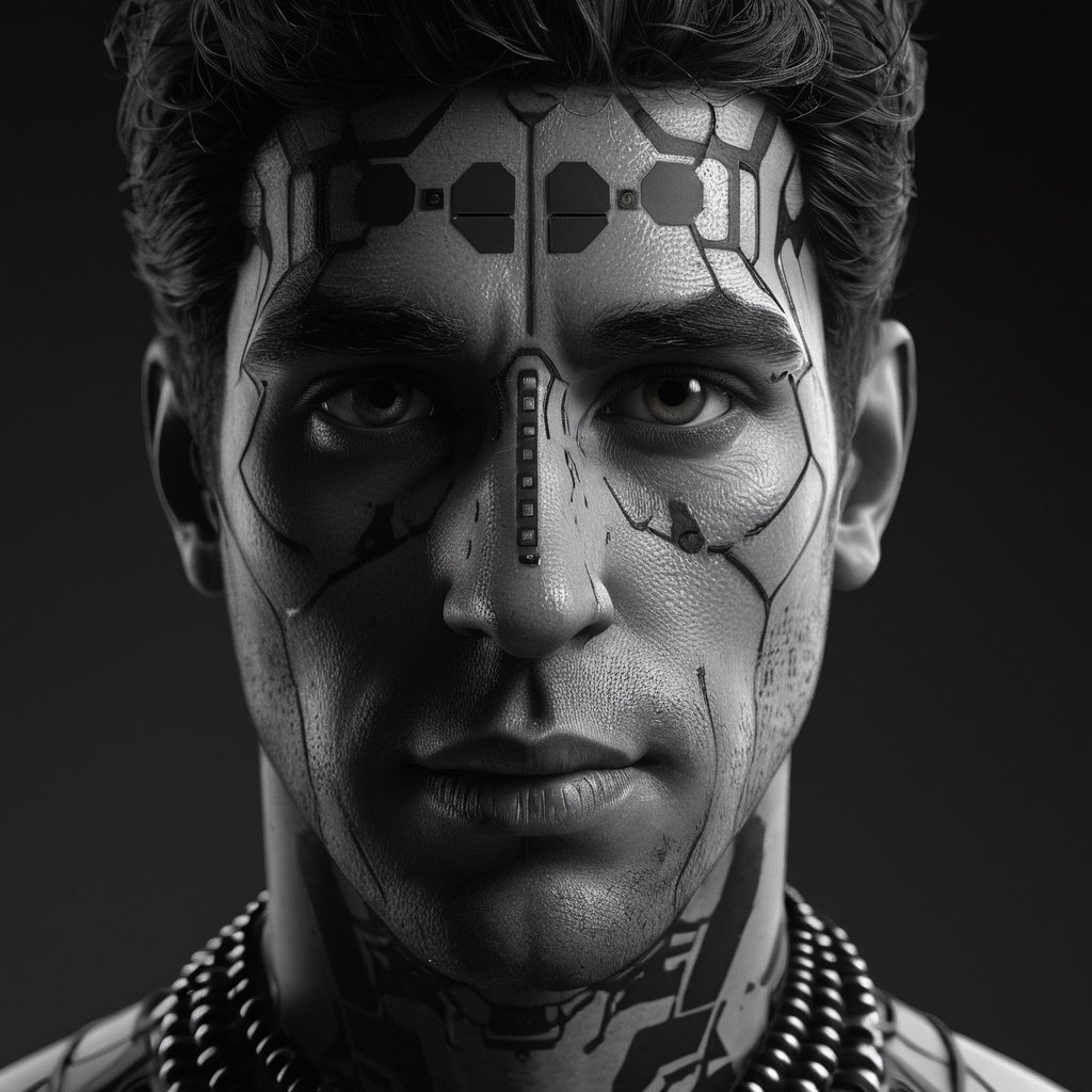 B&W Photo , Male A. I. inspired by SHODAN from System Shock, full body, detailed symmetrical face, real, alive, real skin textures, big eyes, , (B&W, Monochrome), Photorealistic, Hyper-realistic, Hyper-detailed, film noir, detailed skin, pores, matte skin, soft lighting, subsurface scattering, realistic, heavy shadow, masterpiece, best quality, 8k, golden ratio, Intricate, film photography, full sharp, soft focus