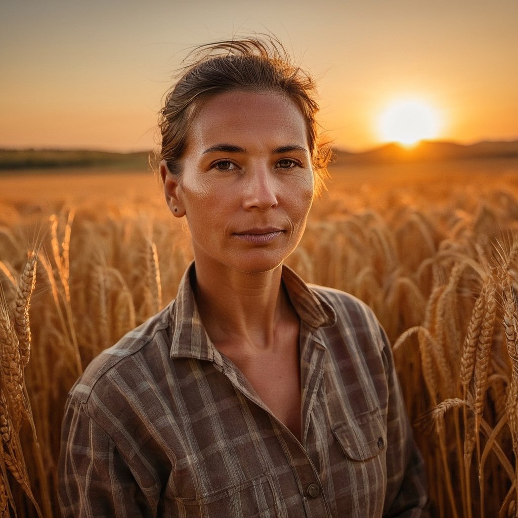 A resilient woman farmer stands amidst golden wheat, her face bathed in the warm glow of sunset. Her connection to the land is depicted with extremely realistic, cinematic, vibrant colors and shadows.