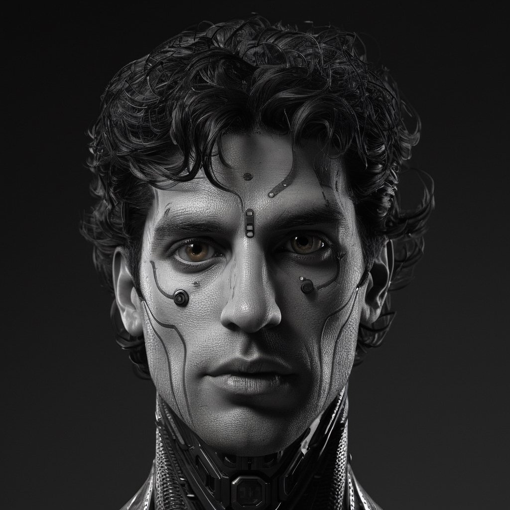 B&W Photo , Male A. I. inspired by SHODAN from System Shock, full body, detailed symmetrical face, real, alive, real skin textures, big eyes, , (B&W, Monochrome), Photorealistic, Hyper-realistic, Hyper-detailed, film noir, detailed skin, pores, matte skin, soft lighting, subsurface scattering, realistic, heavy shadow, masterpiece, best quality, 8k, golden ratio, Intricate, film photography, full sharp, soft focus