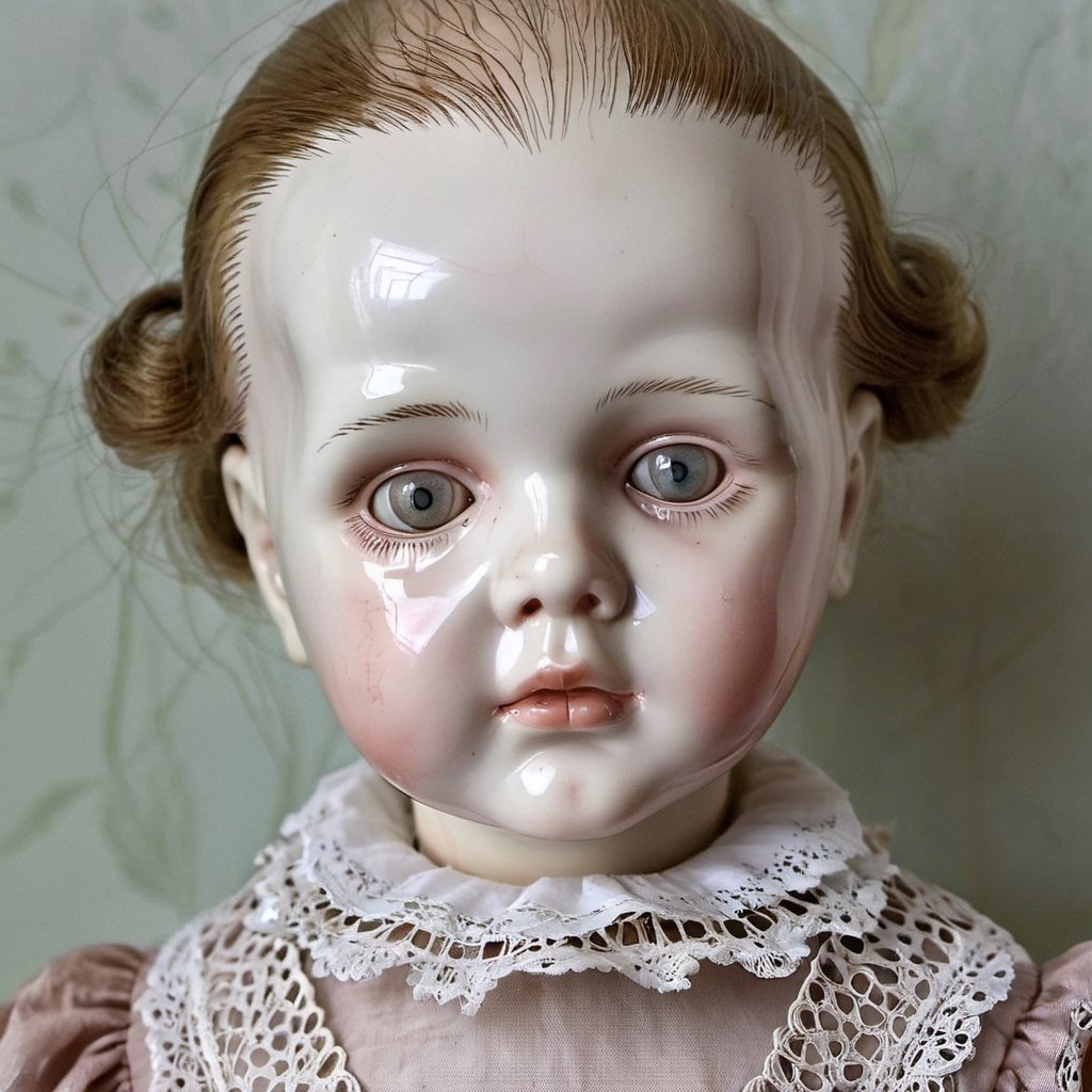 Creepy Victorian porcelain doll , a babydoll, human baby face, cracked, intricately detailed dress, glassy dead-eyed stare